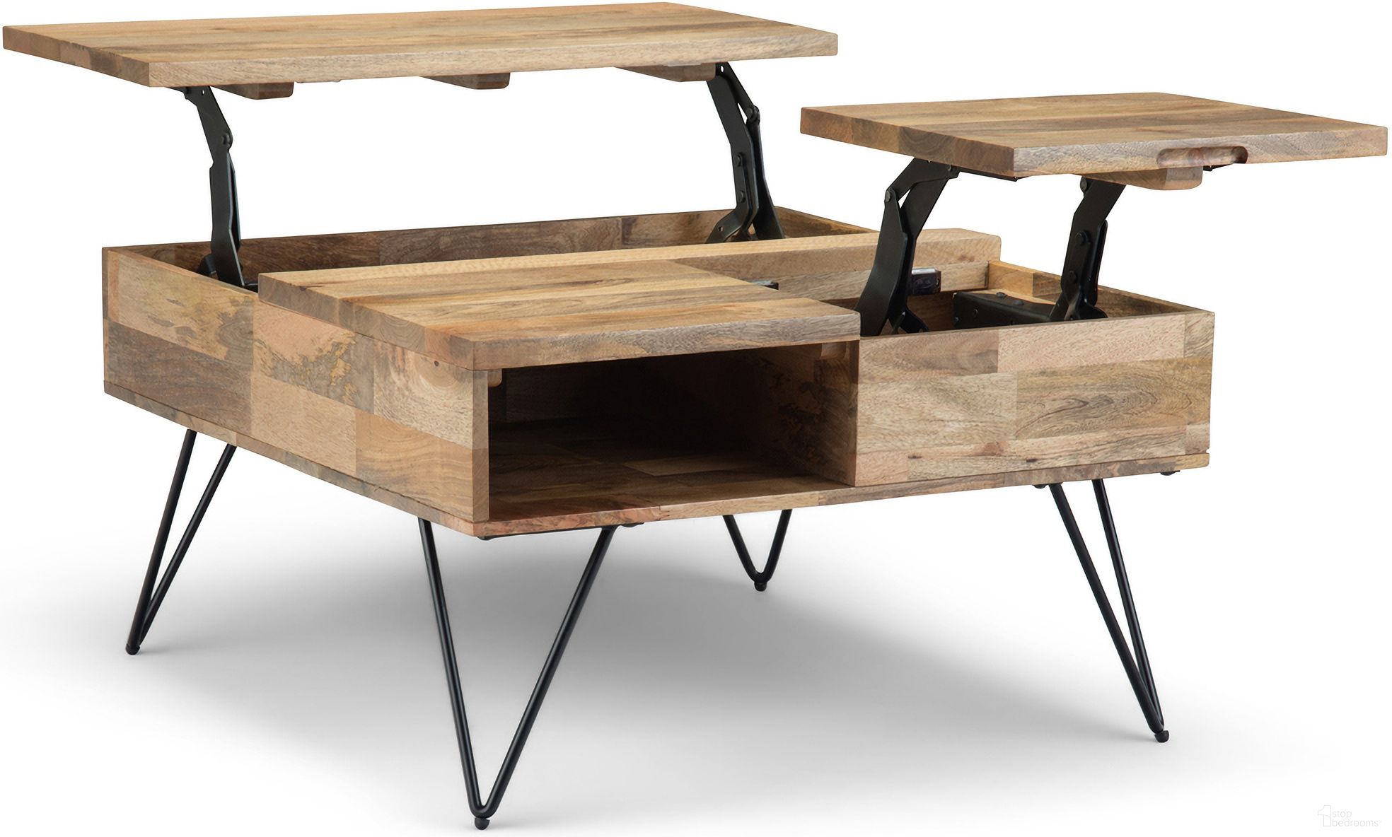 The appearance of Hunter Solid Mango Wood Lift Top Square Coffee Table In Natural designed by Simpli Home in the industrial interior design. This natural piece of furniture was selected by 1StopBedrooms from Hunter Collection to add a touch of cosiness and style into your home. Sku: AXCHUN-04. Material: Mango Wood.