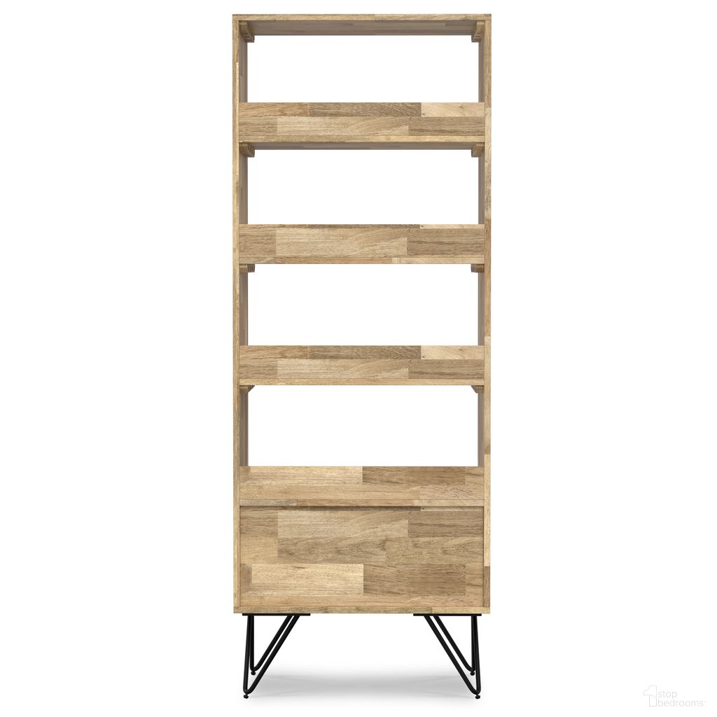 The appearance of Hunter Solid Mango Wood Tall Bookcase In Natural designed by Simpli Home in the modern / contemporary interior design. This natural piece of furniture  was selected by 1StopBedrooms from Hunter Collection to add a touch of cosiness and style into your home. Sku: AXCHUN-09. Material: Mango Wood.
