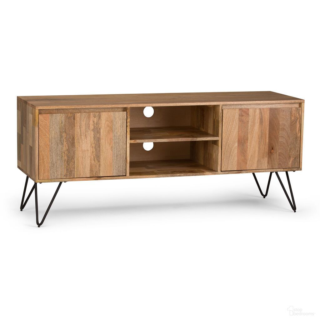 The appearance of Hunter Solid Mango Wood TV Media Stand In Natural designed by Simpli Home in the industrial interior design. This natural piece of furniture was selected by 1StopBedrooms from Hunter Collection to add a touch of cosiness and style into your home. Sku: AXCHUN-08. Material: Mango Wood.