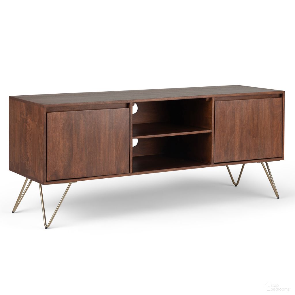 The appearance of Hunter Solid Mango Wood TV Media Stand In Umber Brown and Gold designed by Simpli Home in the industrial interior design. This umber brown/gold piece of furniture  was selected by 1StopBedrooms from Hunter Collection to add a touch of cosiness and style into your home. Sku: AXCHUN-08-UB. Material: Mango Wood.