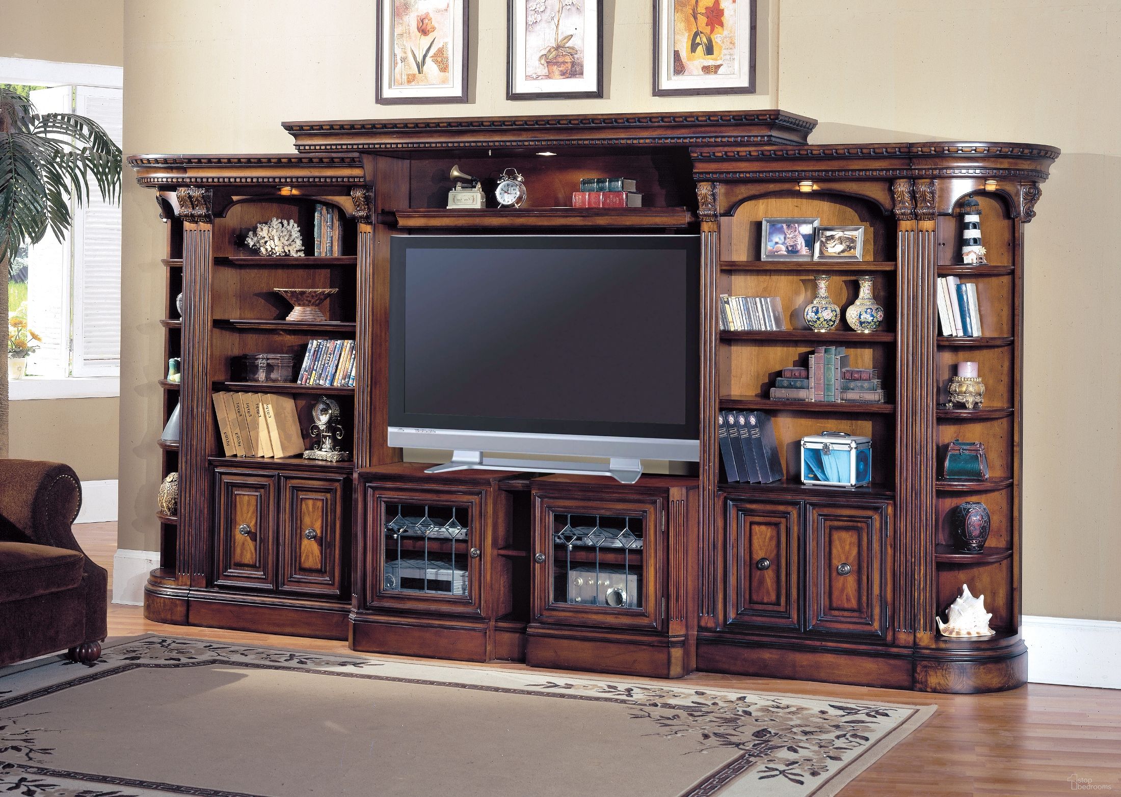 The appearance of Huntington Large Exp. Entertainment Wall Unit designed by Parker House in the traditional interior design. This brown piece of furniture was selected by 1StopBedrooms from Huntington Collection to add a touch of cosiness and style into your home. Sku: HUN#415X;HUN#400;HUN#430;HUN#430;HUN#450;HUN#450.