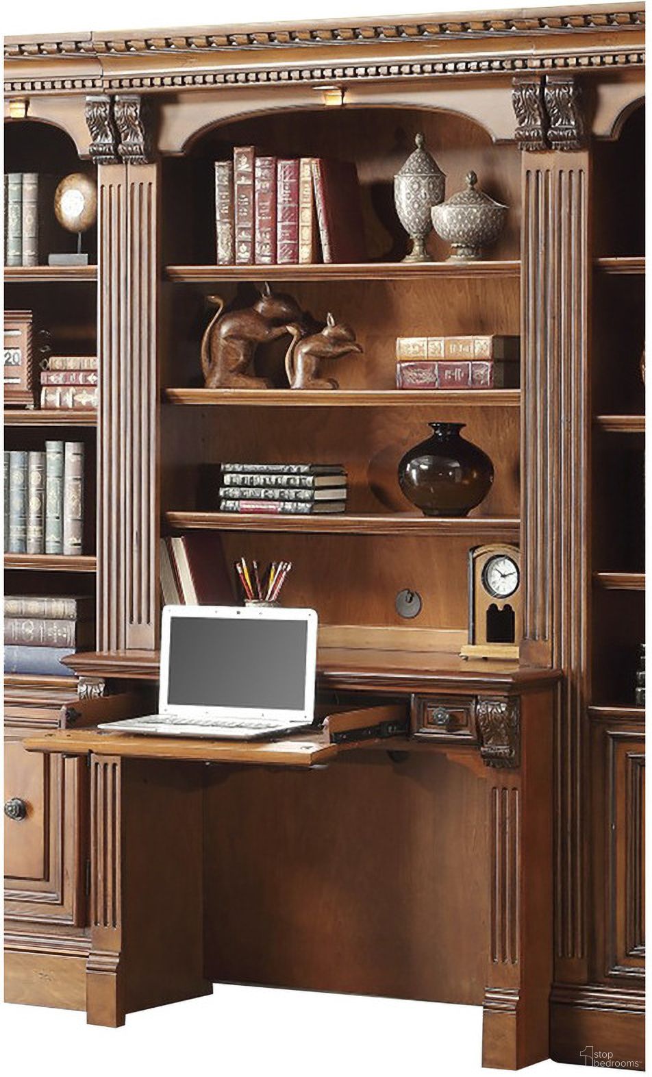 The appearance of Huntington Library Desk with Hutch In Antique Vintage Pecan designed by Parker House in the traditional interior design. This antique vintage pecan piece of furniture  was selected by 1StopBedrooms from Huntington Collection to add a touch of cosiness and style into your home. Sku: HUN#461D;HUN#460H. Material: Poplar.