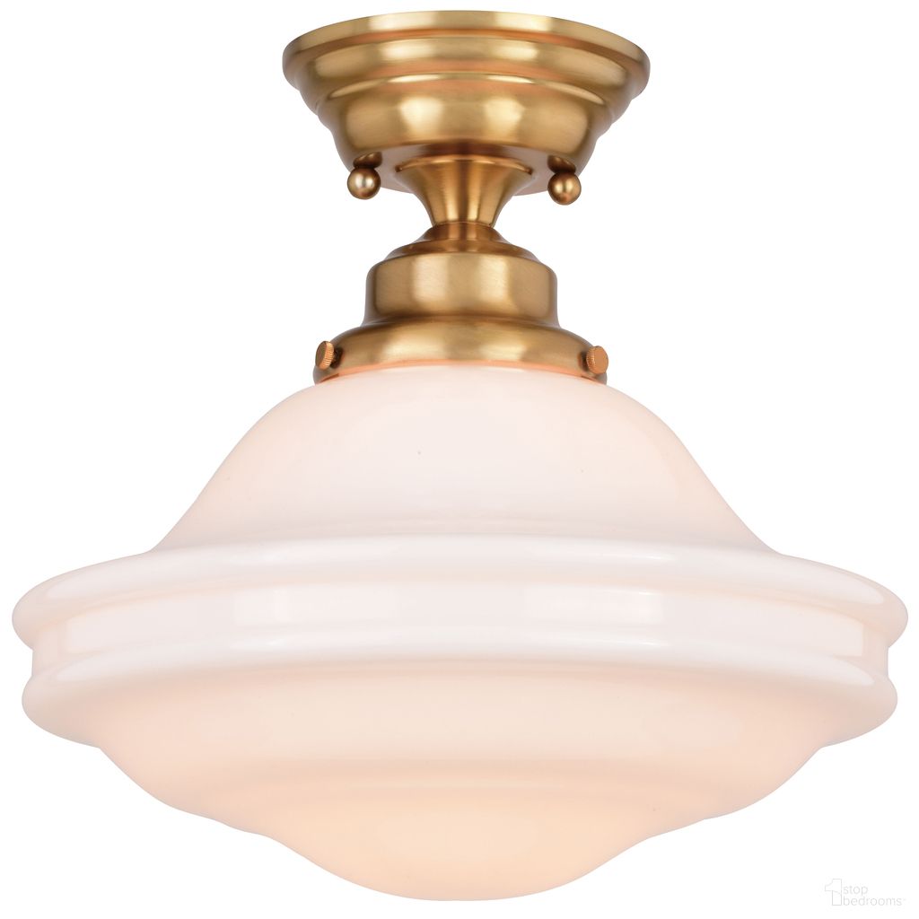 The appearance of Huntley 12 Inch Semi-Flush Ceiling Light White Glass In Natural Brass designed by Vaxcel in the country / farmhouse interior design. This natural brass piece of furniture  was selected by 1StopBedrooms from Huntley Collection to add a touch of cosiness and style into your home. Sku: C0261. Material: Steel.