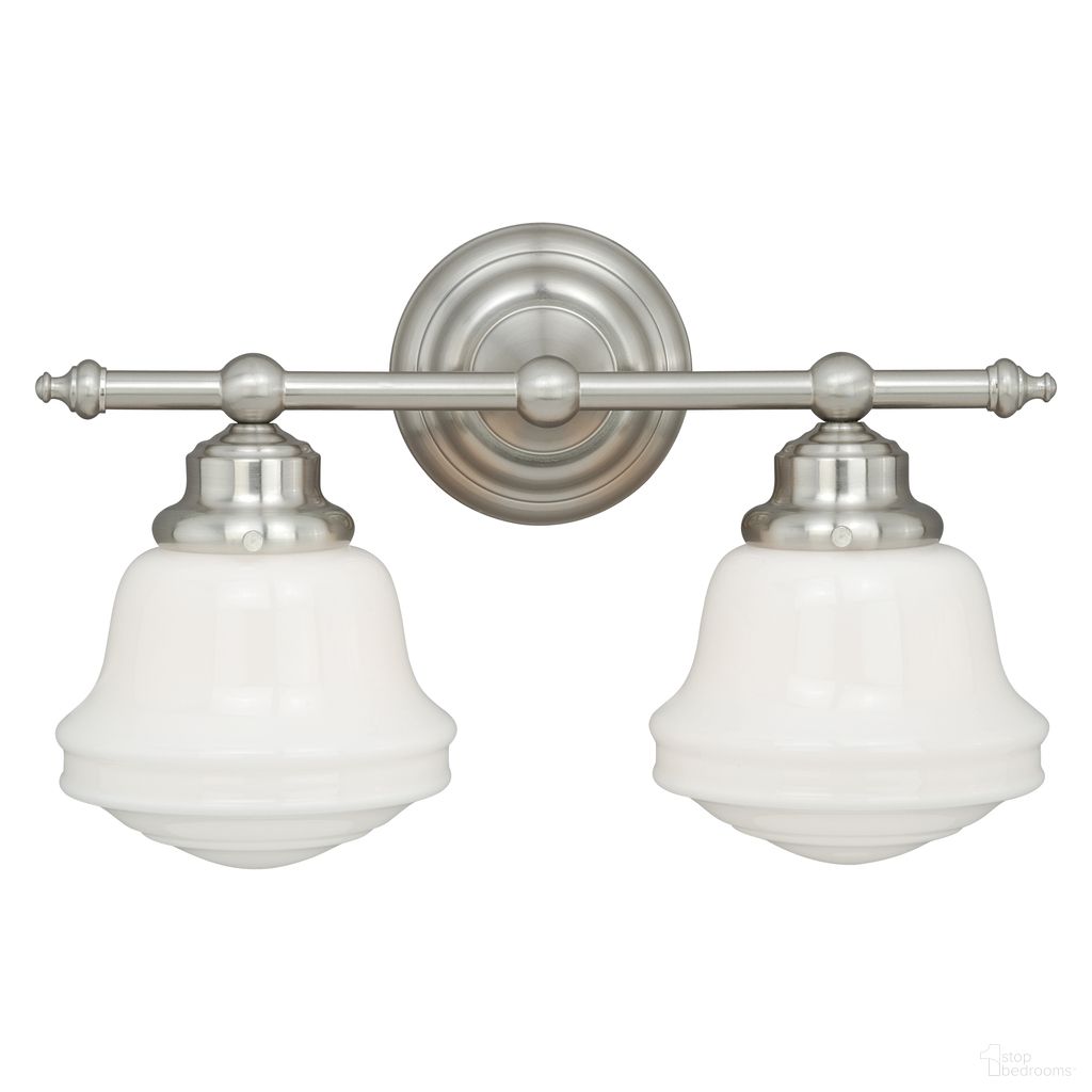 The appearance of Huntley 2L Vanity Milk Glass In Satin Nickel designed by Vaxcel in the country / farmhouse interior design. This satin nickel piece of furniture was selected by 1StopBedrooms from Huntley Collection to add a touch of cosiness and style into your home. Sku: W0169. Material: Steel.