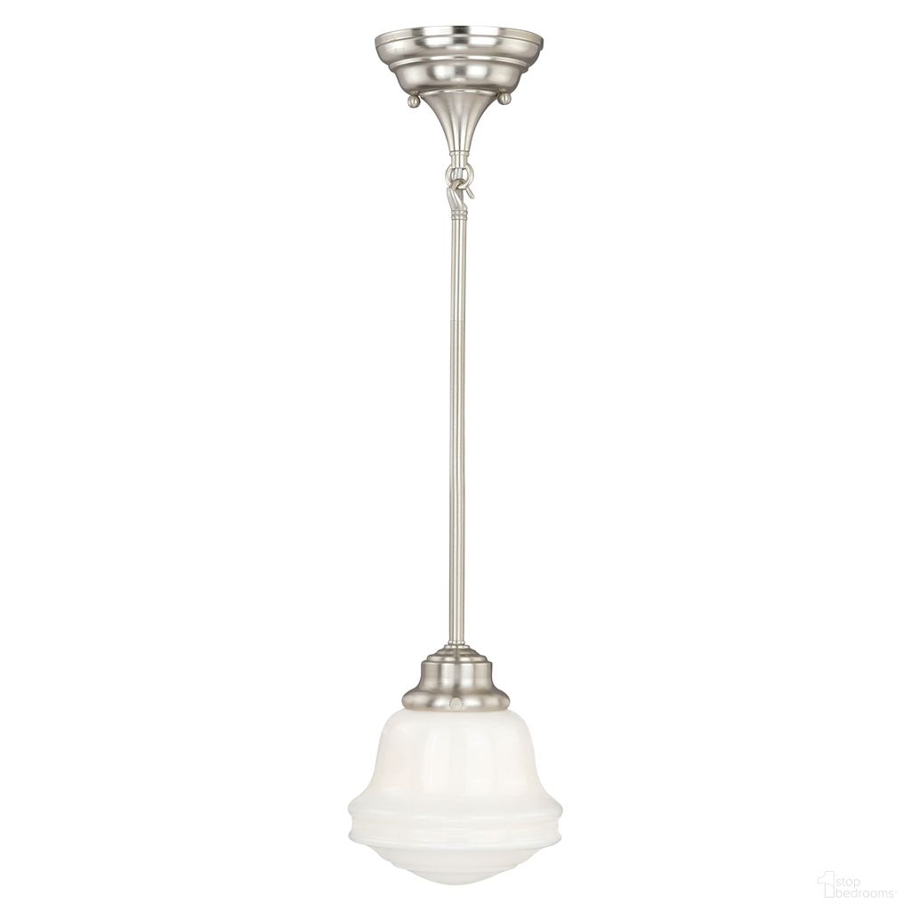 The appearance of Huntley 6.25 Inch Mini Pendant Milk Glass In Satin Nickel designed by Vaxcel in the country / farmhouse interior design. This satin nickel piece of furniture  was selected by 1StopBedrooms from Huntley Collection to add a touch of cosiness and style into your home. Sku: P0154. Material: Steel.