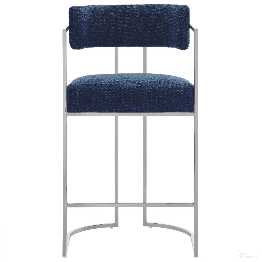 Huron Curved Back Fabric and Metal Counter Stool In Silver Navy