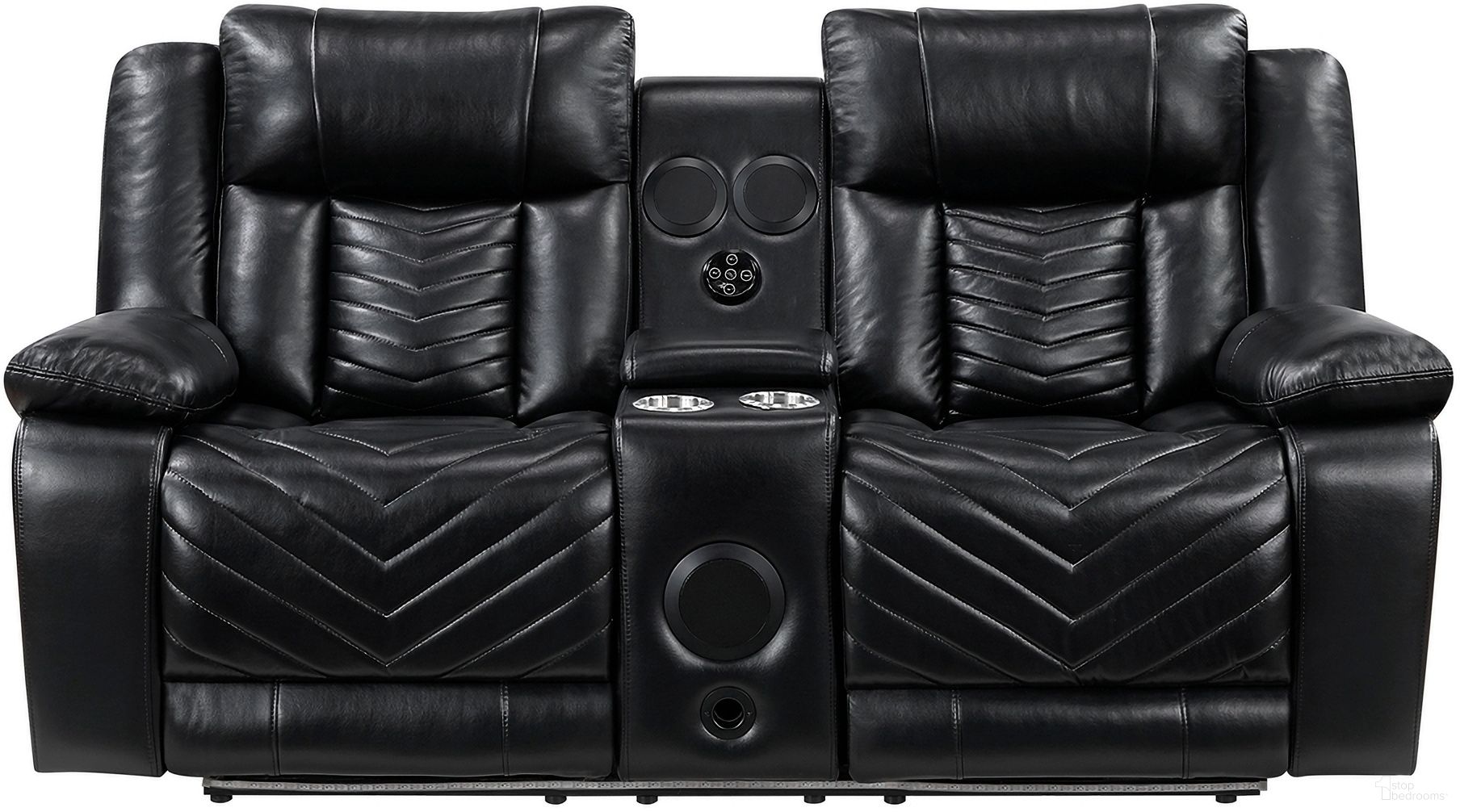 The appearance of Huron Power Double Reclining Loveseat with Center Console and Charging Ports In Black designed by Homelegance in the modern / contemporary interior design. This black piece of furniture was selected by 1StopBedrooms from Huron Collection to add a touch of cosiness and style into your home. Sku: 8457BLK-2PW. Material: Faux Leather.