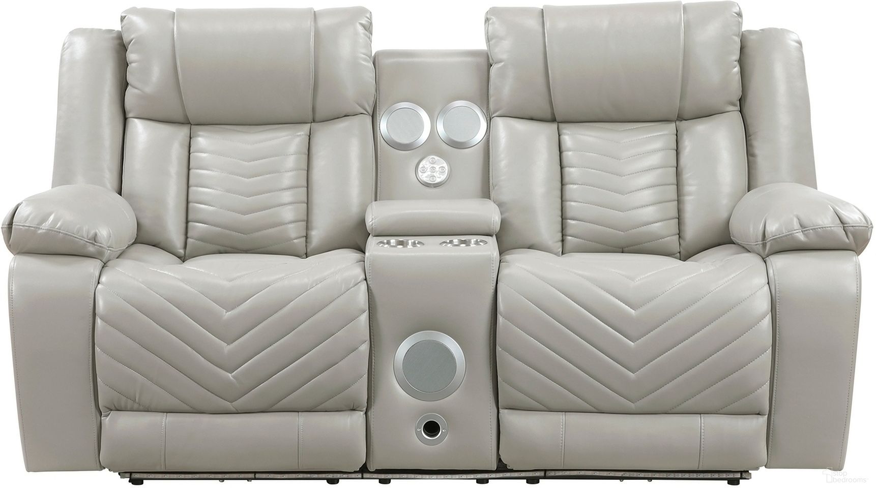 The appearance of Huron Power Double Reclining Loveseat with Center Console and Charging Ports In Gray designed by Homelegance in the modern / contemporary interior design. This gray piece of furniture was selected by 1StopBedrooms from Huron Collection to add a touch of cosiness and style into your home. Sku: 8457GRY-2PW. Material: Faux Leather.