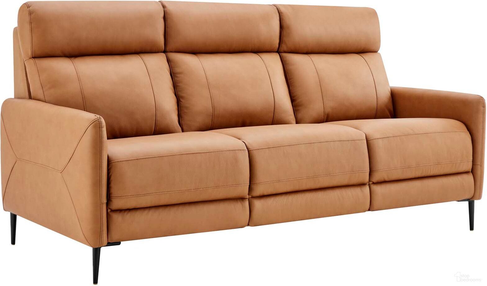 The appearance of Huxley Leather Sofa In Tan designed by Modway in the modern / contemporary interior design. This tan piece of furniture  was selected by 1StopBedrooms from Huxley Collection to add a touch of cosiness and style into your home. Sku: EEI-4561-TAN. Material: Leather.