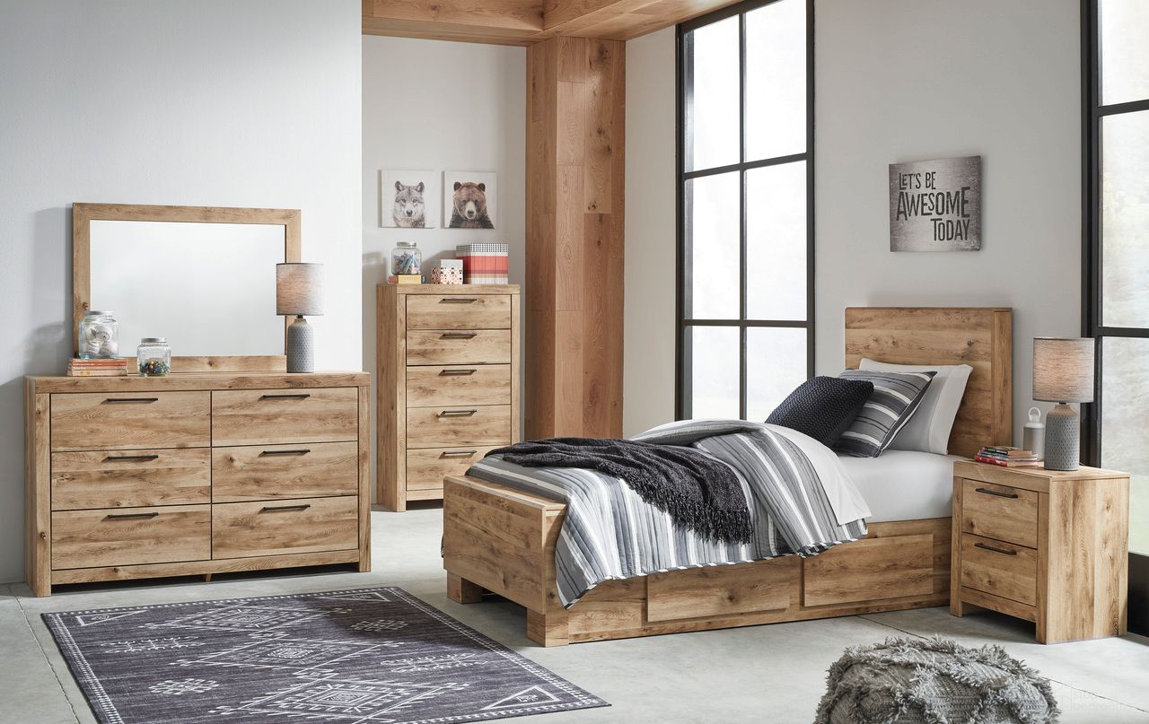 The appearance of Hyanna Youth Panel Storage Bedroom Set In Tan Brown designed by Signature Design by Ashley in the modern / contemporary interior design. This tan brown piece of furniture was selected by 1StopBedrooms from Hyanna Collection to add a touch of cosiness and style into your home. Sku: B100-11;B1050-50;B1050-50;B1050-52;B1050-53;B1050-92. Bed Type: Panel Bed. Material: Wood. Bed Size: Twin.