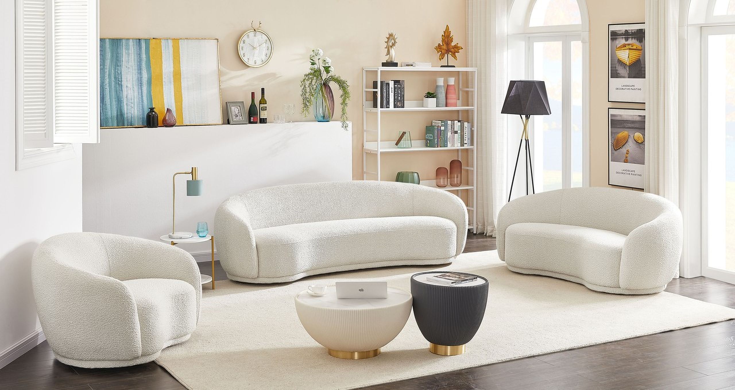 The appearance of Hyde Living Room Set In Cream designed by Meridian in the modern / contemporary interior design. This cream piece of furniture  was selected by 1StopBedrooms from Hyde Collection to add a touch of cosiness and style into your home. Sku: 693Cream-S;693Cream-L. Material: Boucle.