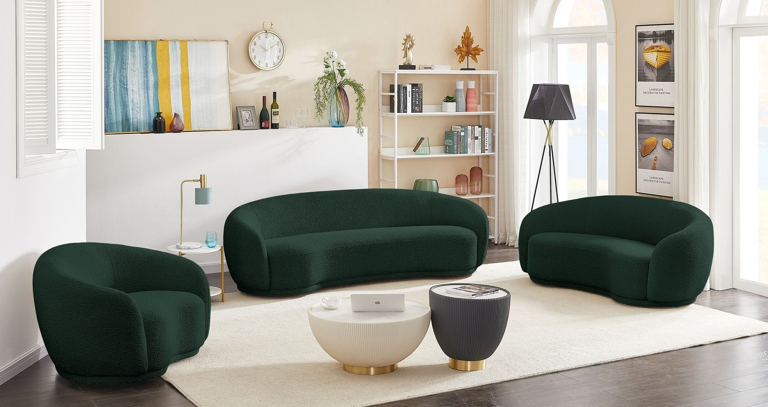 The appearance of Hyde Living Room Set In Green designed by Meridian in the modern / contemporary interior design. This green piece of furniture was selected by 1StopBedrooms from Hyde Collection to add a touch of cosiness and style into your home. Sku: 693Green-S;693Green-L. Material: Boucle.