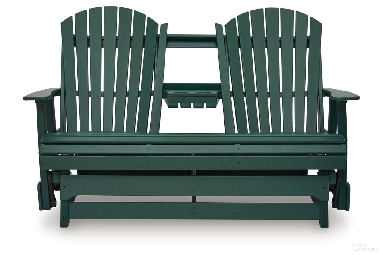 The appearance of Hyland Wave Outdoor Loveseat Glider In Green designed by Signature Design by Ashley in the modern / contemporary interior design. This green piece of furniture was selected by 1StopBedrooms from Hyland Wave Collection to add a touch of cosiness and style into your home. Sku: P115-835. Material: HDPE.