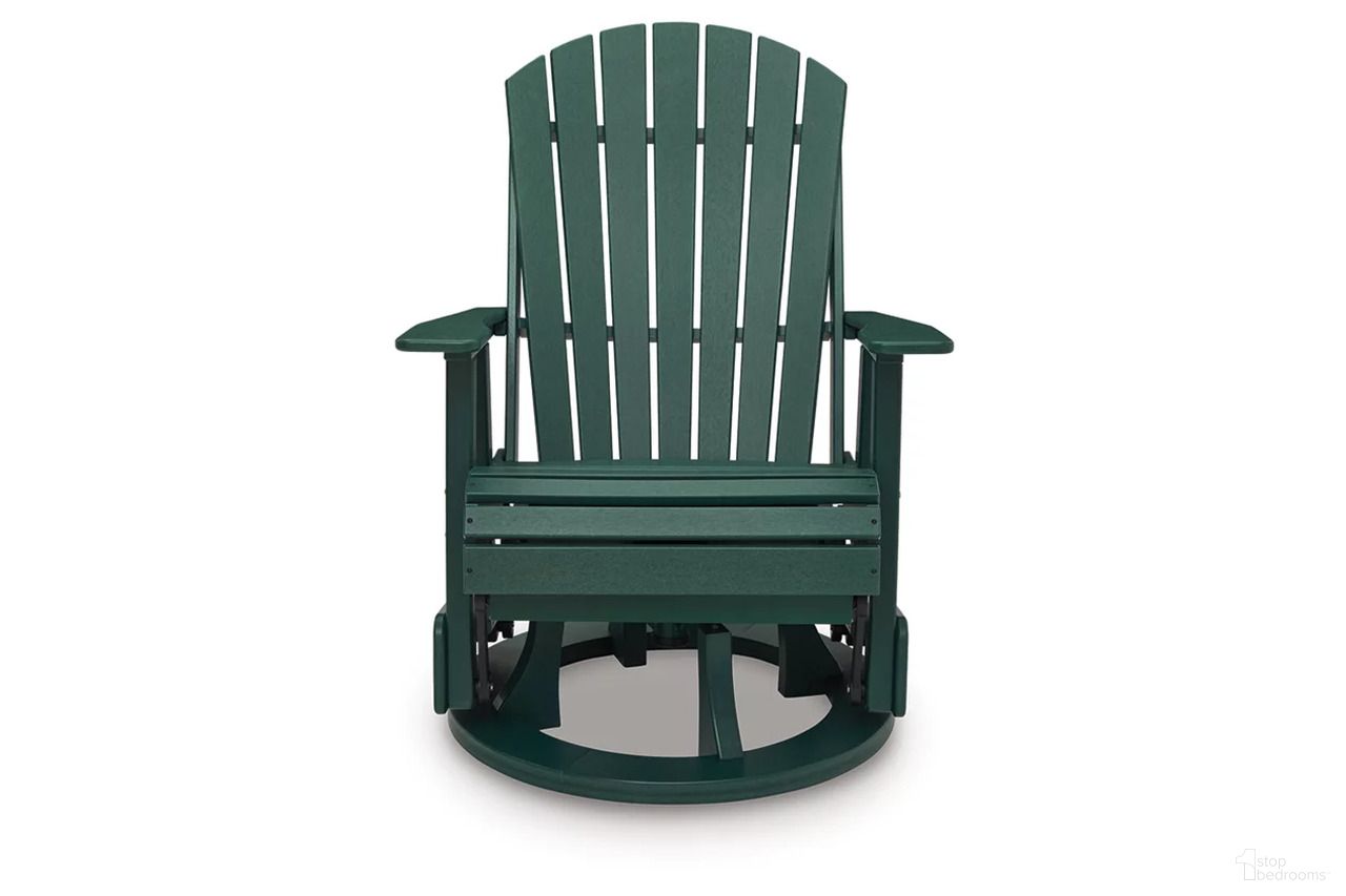 The appearance of Hyland Wave Outdoor Swivel Glider Chair In Green designed by Signature Design by Ashley in the modern / contemporary interior design. This green piece of furniture was selected by 1StopBedrooms from Hyland Wave Collection to add a touch of cosiness and style into your home. Sku: P115-820. Material: HDPE.