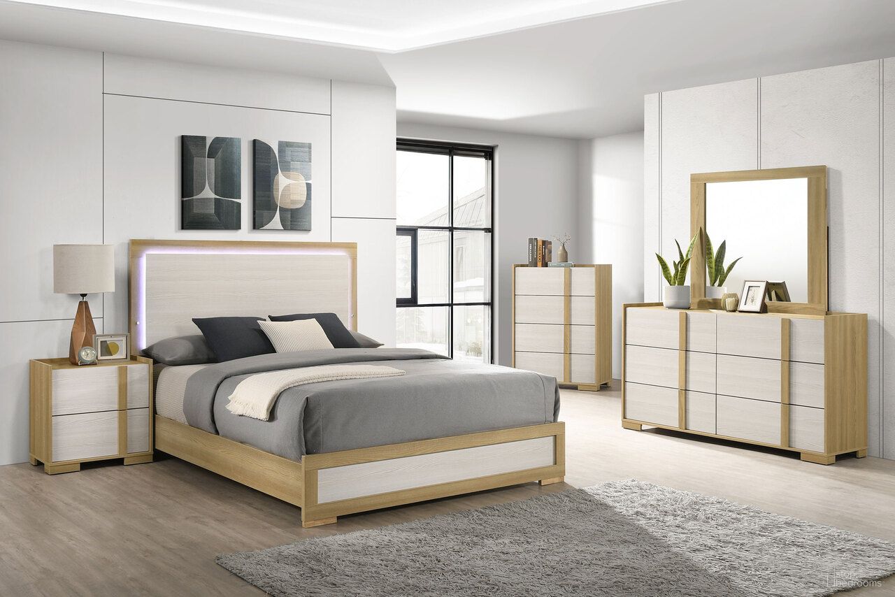 The appearance of Hyland Wood LED Panel Bedroom Set In Natural and White designed by Coaster in the coastal interior design. This natural/white piece of furniture was selected by 1StopBedrooms from Hyland Collection to add a touch of cosiness and style into your home. Sku: 215651QB1;215651QB2;215652. Bed Size: King. Material: Hardwood.