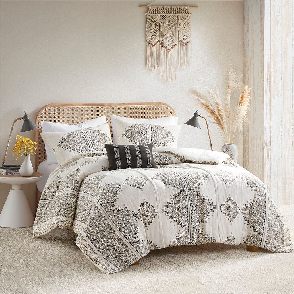 The appearance of Ibiza 4 Piece Printed Full/Queen Comforter Set with Throw Pillow In Black and Ivory designed by Olliix in the modern / contemporary interior design. This black/ivory piece of furniture was selected by 1StopBedrooms from Ibiza Collection to add a touch of cosiness and style into your home. Sku: MP10-8337. Material: Polyester. Bed Size: Full.