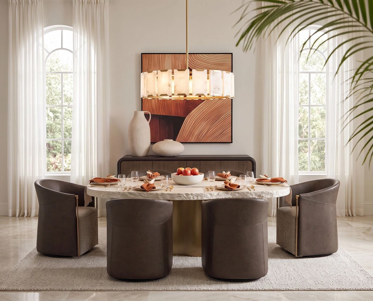 Idris 86 Inch Dining Room Set In Antique Brass and Cream
