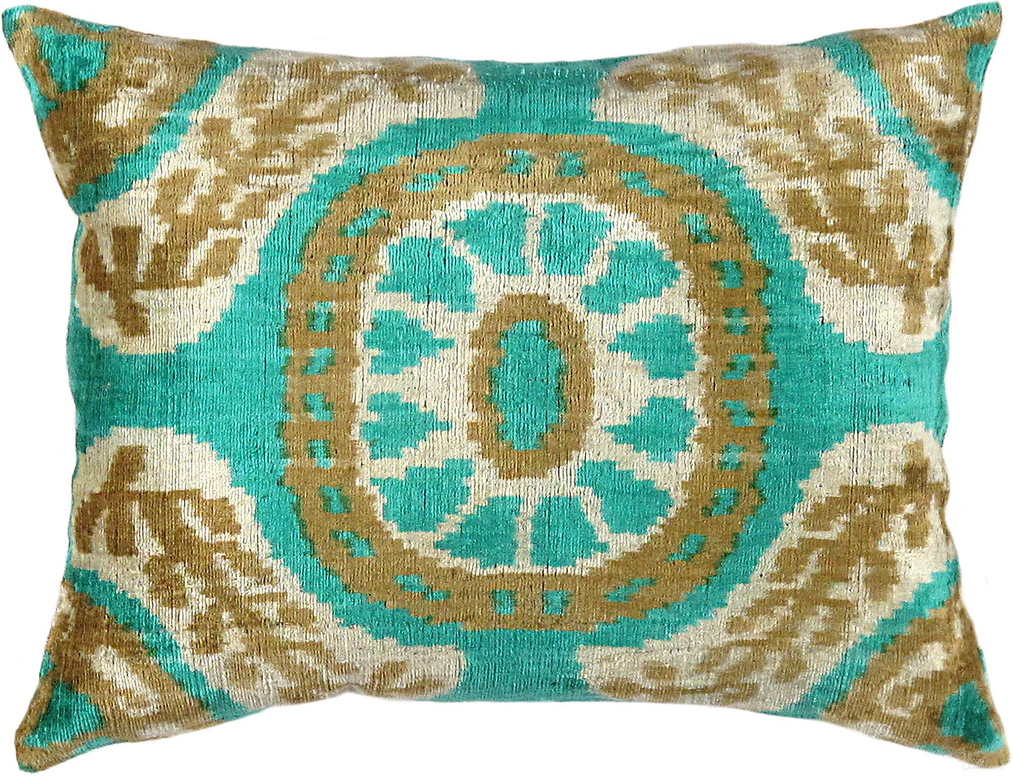 Ikat Velvet Pillow- 15" x 20" In Green and Beige
