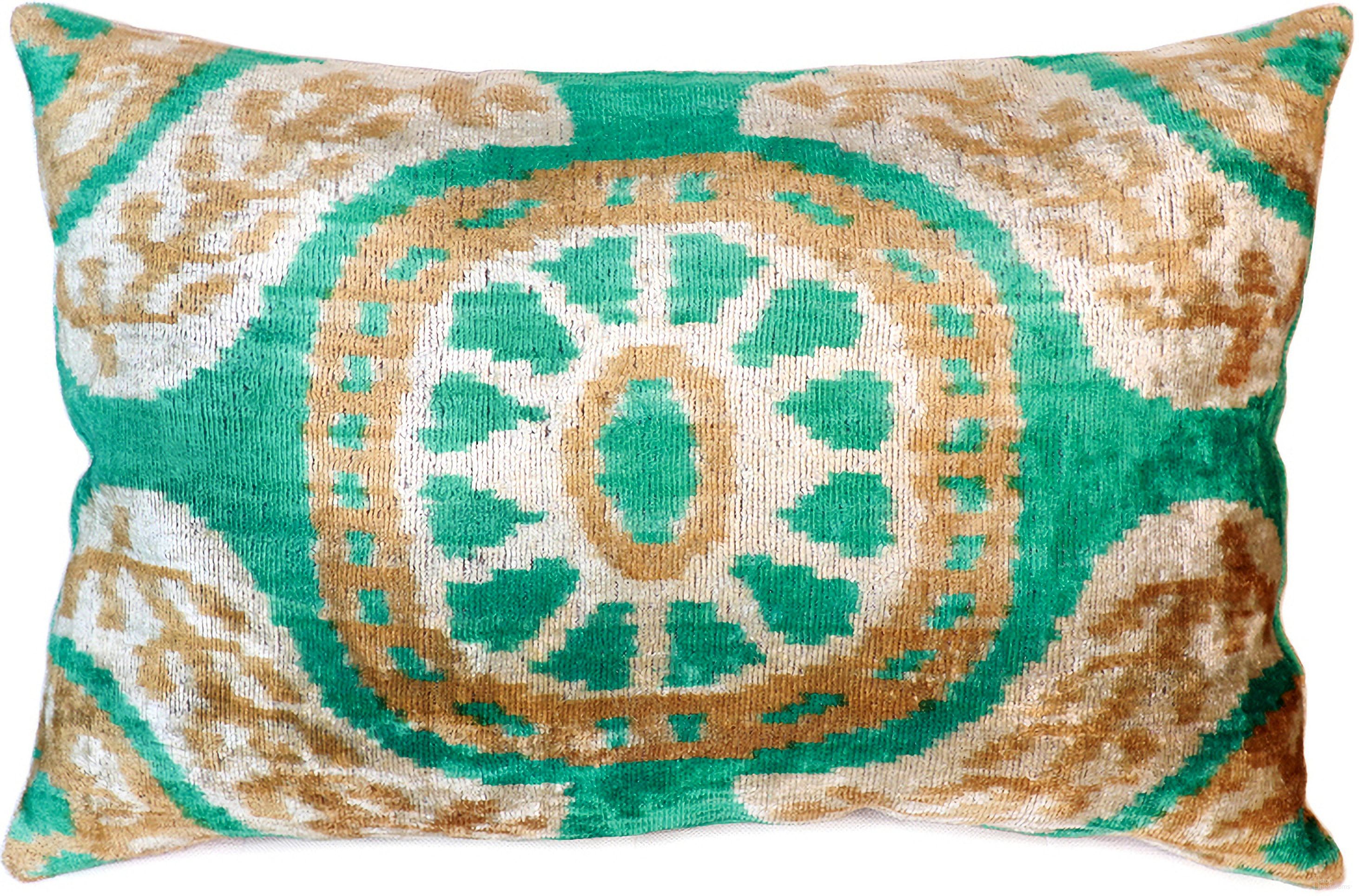 Ikat Velvet Pillow- 15" x 24" In Green and Beige
