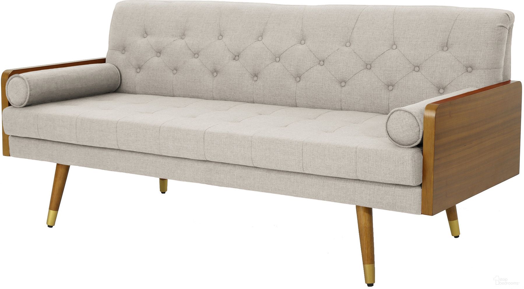 The appearance of Illuminative Button-Tufted Upholstered Sofa with Splayed Legs and Bolster Pillows In Beige designed by Noble House in the transitional interior design. This beige piece of furniture was selected by 1StopBedrooms from Illuminative Collection to add a touch of cosiness and style into your home. Sku: 61688.00BGE. Material: Fabric.