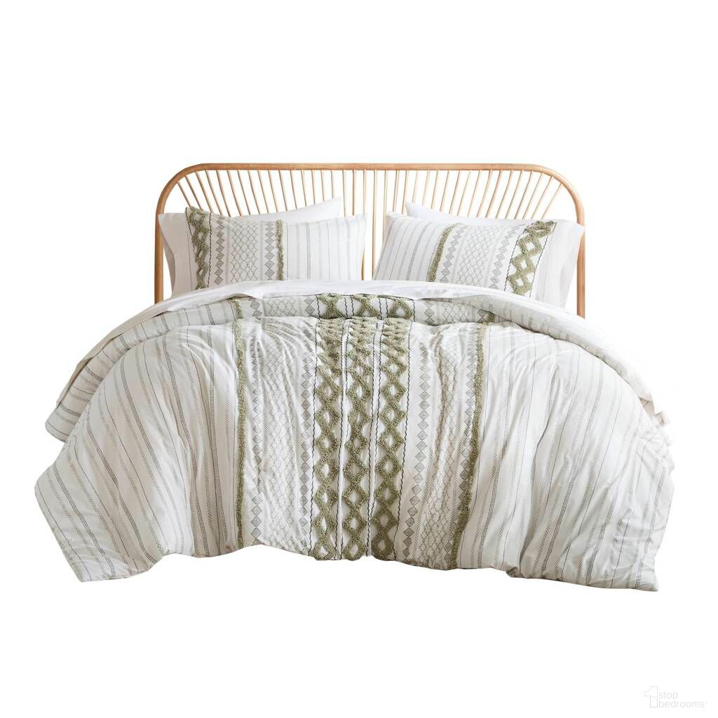 The appearance of Imani Cotton Printed Duvet Cover Set with Chenille In Ivory and Sage designed by Olliix in the modern / contemporary interior design. This ivory and sage piece of furniture was selected by 1StopBedrooms from Imani Collection to add a touch of cosiness and style into your home. Sku: II12-1348. Bed Size: Full. Material: Cotton.