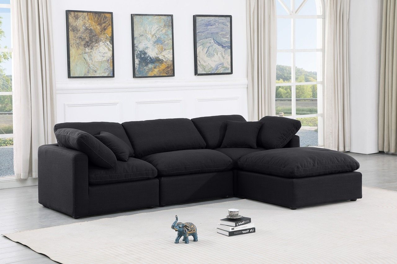 The appearance of Indulge Linen Textured Fabric 4 Piece Modular Sectional In Black designed by Meridian in the modern / contemporary interior design. This black piece of furniture was selected by 1StopBedrooms from Indulge Collection to add a touch of cosiness and style into your home. Sku: 141Black-Armless;141Black-Corner;141Black-Corner;141Black-Ott. Material: Linen.