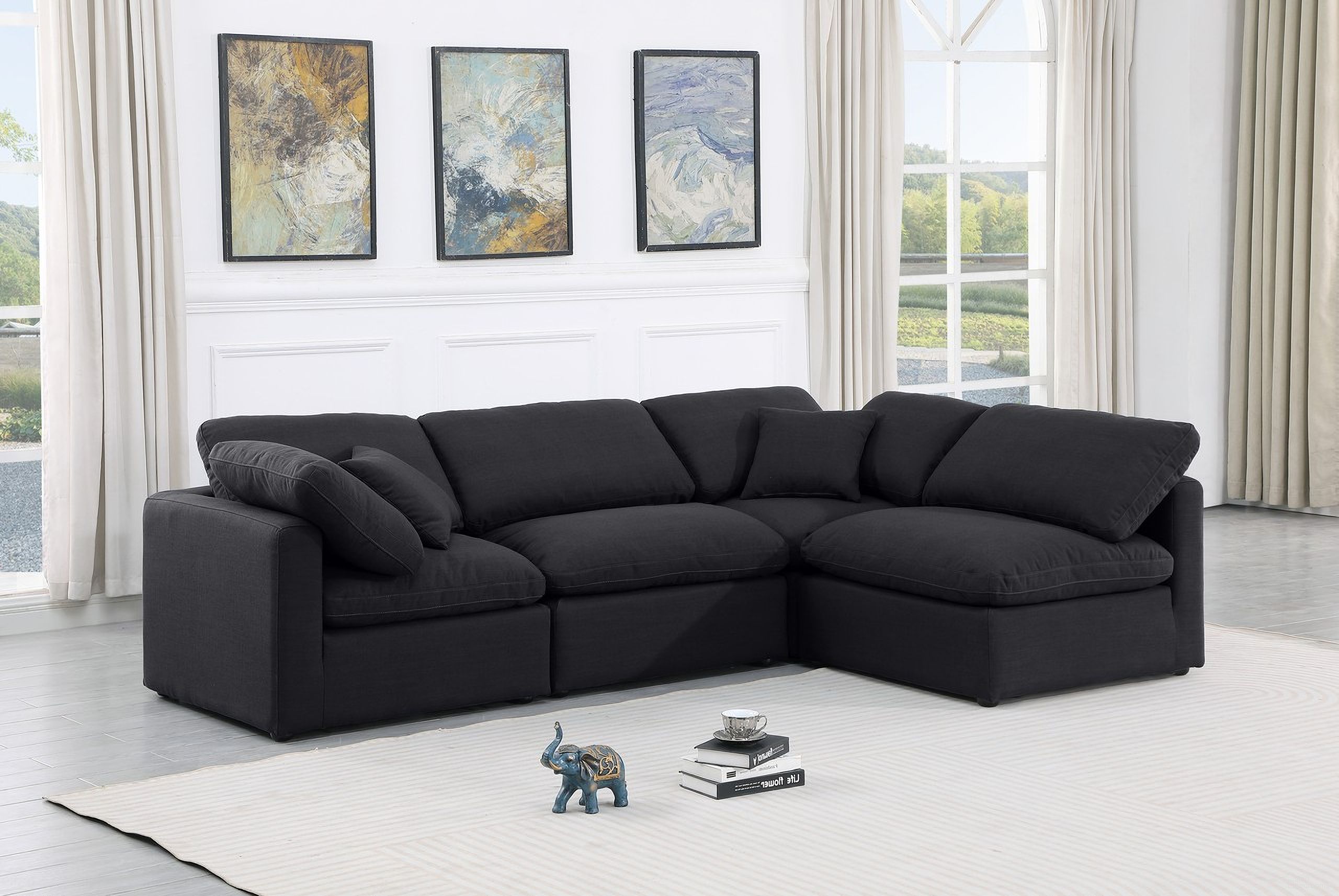 The appearance of Indulge Linen Textured Fabric 4 Piece Modular Sectional In Black designed by Meridian in the modern / contemporary interior design. This black piece of furniture was selected by 1StopBedrooms from Indulge Collection to add a touch of cosiness and style into your home. Sku: 141Black-Armless;141Black-Armless;141Black-Corner;141Black-Corner. Material: Linen.