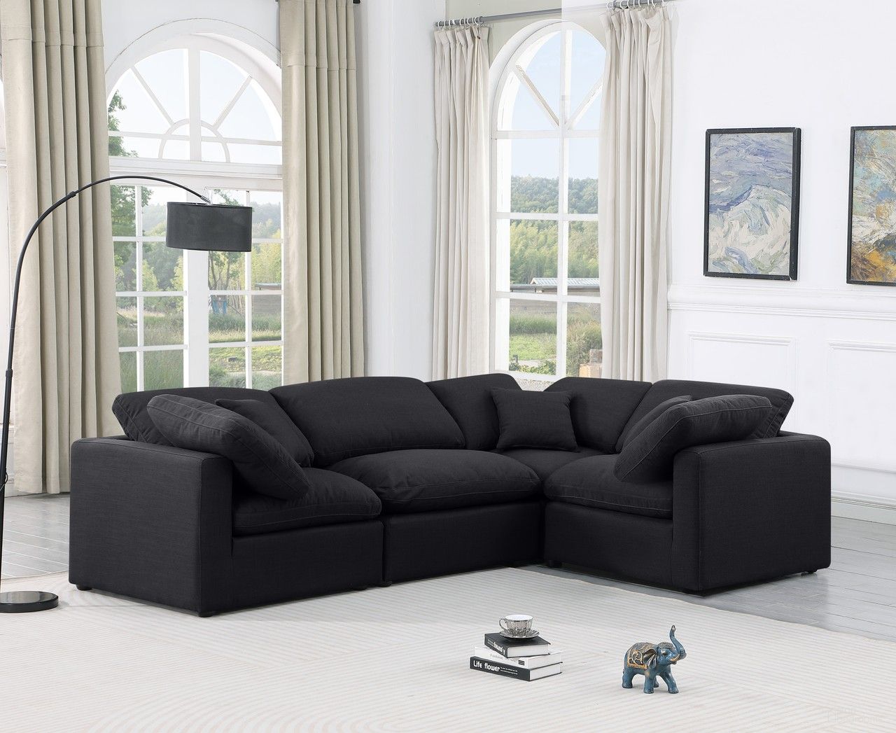 The appearance of Indulge Linen Textured Fabric 4 Piece Modular Sectional In Black designed by Meridian in the modern / contemporary interior design. This black piece of furniture was selected by 1StopBedrooms from Indulge Collection to add a touch of cosiness and style into your home. Sku: 141Black-Armless;141Black-Corner;141Black-Corner;141Black-Corner. Material: Linen.