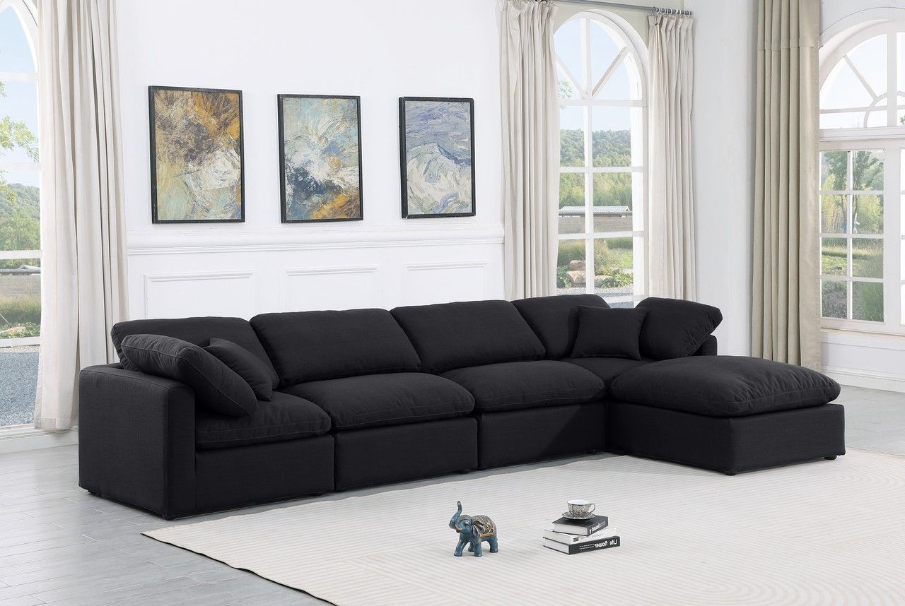 The appearance of Indulge Linen Textured Fabric 5 Piece Modular Sectional In Black designed by Meridian in the modern / contemporary interior design. This black piece of furniture was selected by 1StopBedrooms from Indulge Collection to add a touch of cosiness and style into your home. Sku: 141Black-Armless;141Black-Armless;141Black-Corner;141Black-Corner;141Black-Ott. Material: Linen.