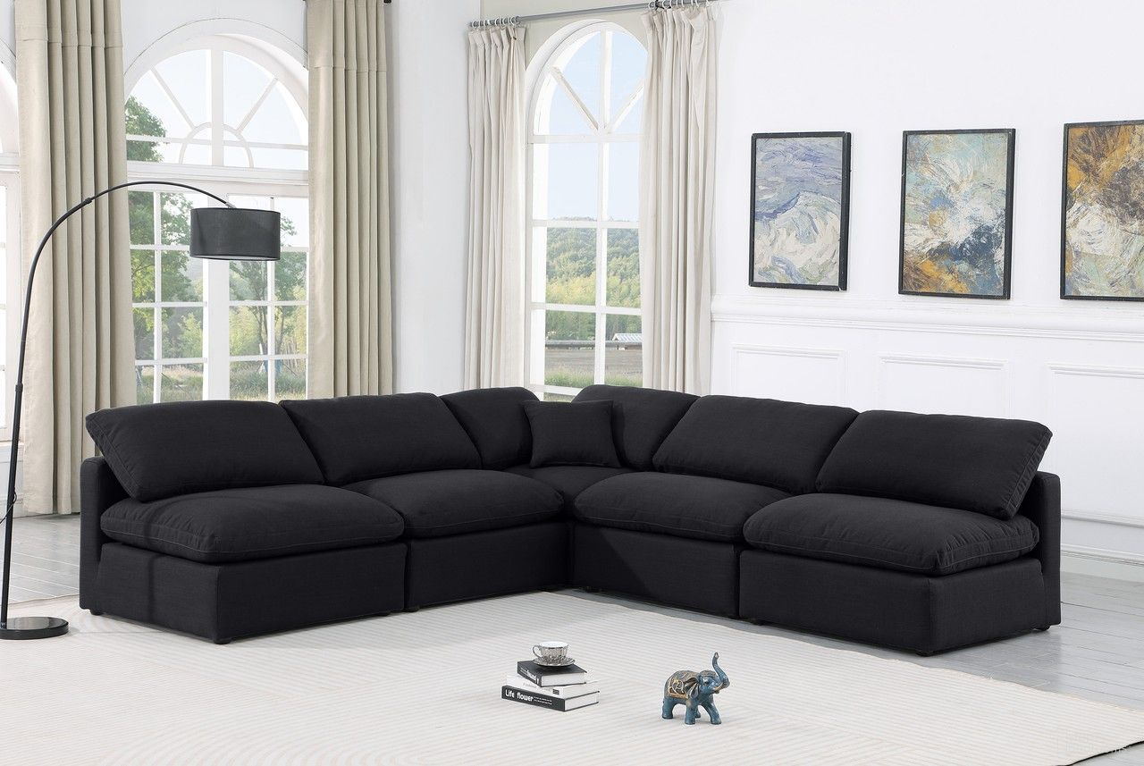 The appearance of Indulge Linen Textured Fabric 5 Piece Modular Sectional In Black designed by Meridian in the modern / contemporary interior design. This black piece of furniture was selected by 1StopBedrooms from Indulge Collection to add a touch of cosiness and style into your home. Sku: 141Black-Armless;141Black-Armless;141Black-Armless;141Black-Armless;141Black-Corner. Material: Linen. Layout: L-Shape.