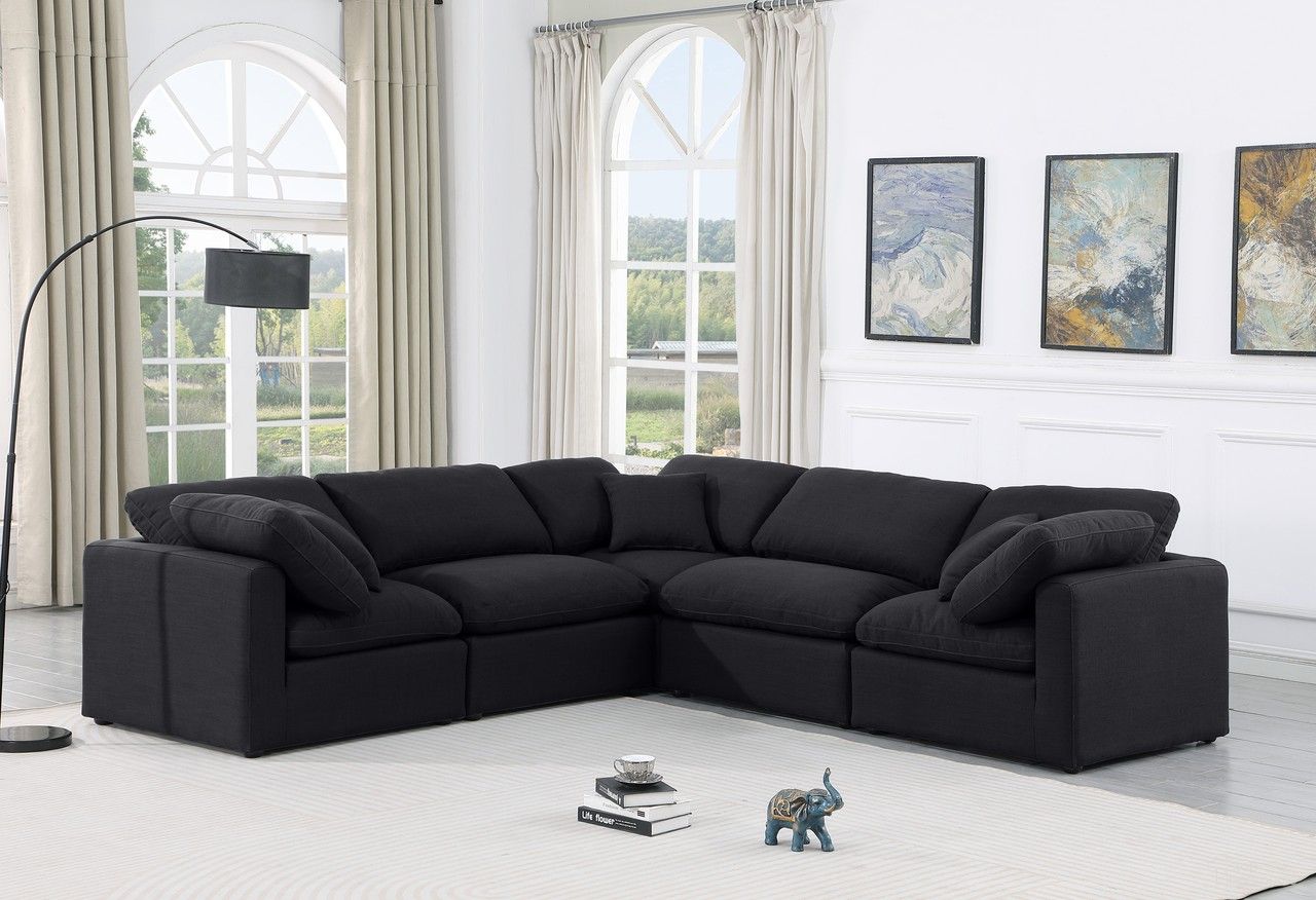 The appearance of Indulge Linen Textured Fabric 5 Piece Modular Sectional In Black designed by Meridian in the modern / contemporary interior design. This black piece of furniture was selected by 1StopBedrooms from Indulge Collection to add a touch of cosiness and style into your home. Sku: 141Black-Armless;141Black-Armless;141Black-Corner;141Black-Corner;141Black-Corner. Material: Linen.