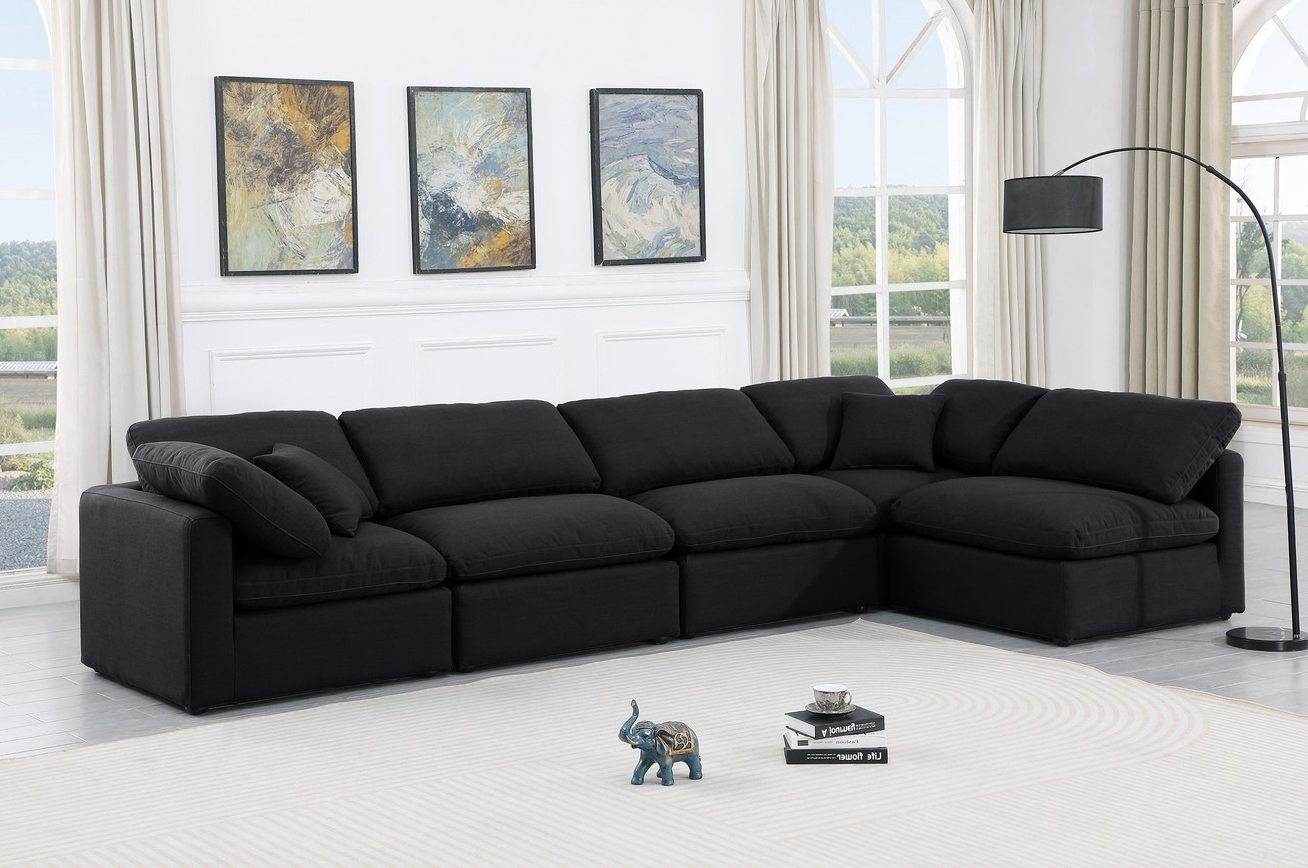 The appearance of Indulge Linen Textured Fabric 5 Piece Modular Sectional In Black designed by Meridian in the modern / contemporary interior design. This black piece of furniture was selected by 1StopBedrooms from Indulge Collection to add a touch of cosiness and style into your home. Sku: 141Black-Armless;141Black-Armless;141Black-Armless;141Black-Corner;141Black-Corner. Material: Linen.