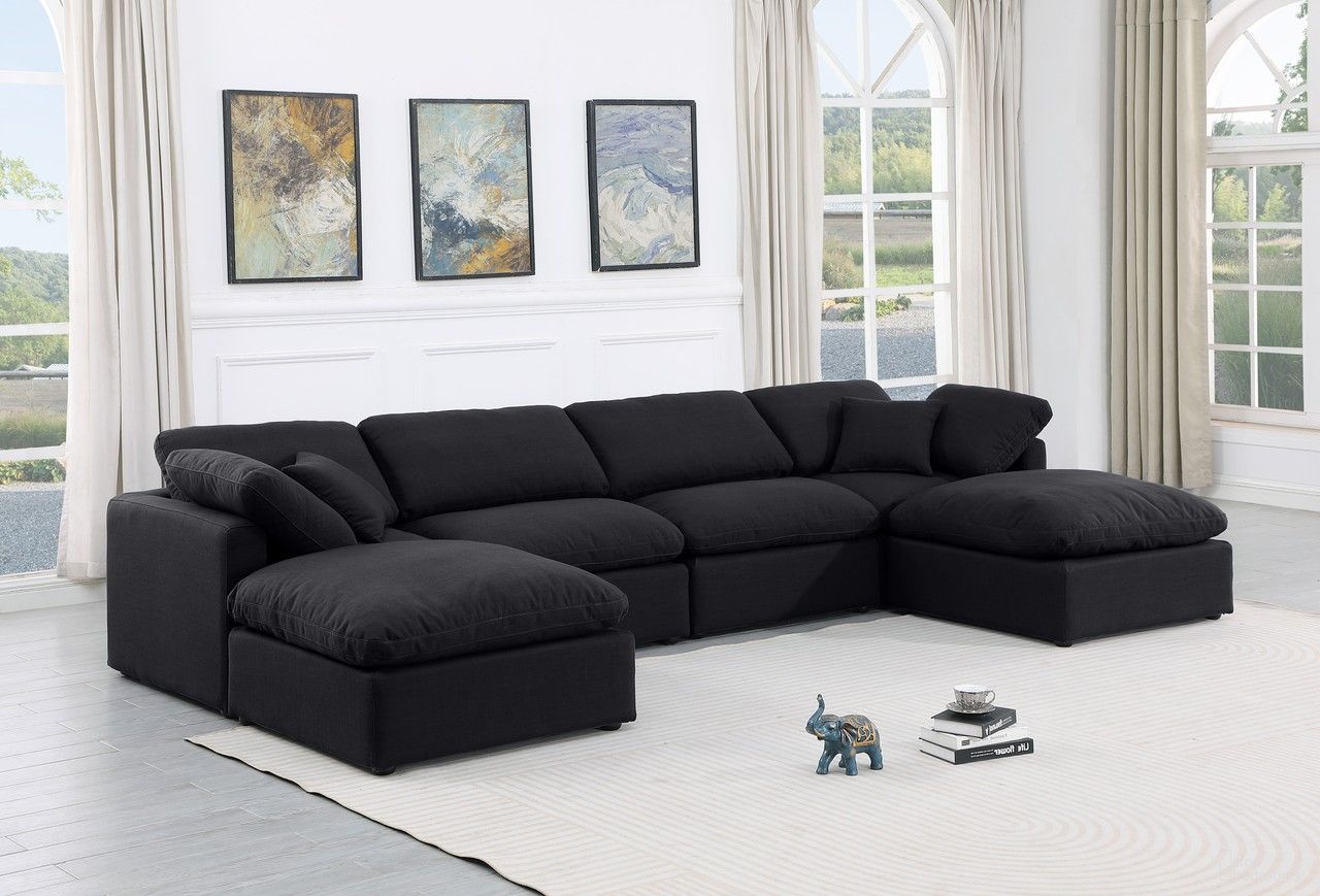 The appearance of Indulge Linen Textured Fabric 6 Piece Modular Sectional In Black designed by Meridian in the modern / contemporary interior design. This black piece of furniture was selected by 1StopBedrooms from Indulge Collection to add a touch of cosiness and style into your home. Sku: 141Black-Armless;141Black-Armless;141Black-Corner;141Black-Corner;141Black-Ott;141Black-Ott. Material: Linen.