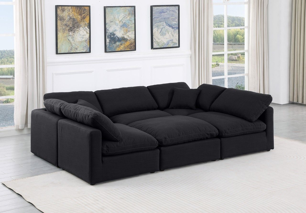 The appearance of Indulge Linen Textured Fabric 6 Piece Modular Sectional In Black designed by Meridian in the modern / contemporary interior design. This black piece of furniture was selected by 1StopBedrooms from Indulge Collection to add a touch of cosiness and style into your home. Sku: 141Black-Armless;141Black-Armless;141Black-Armless;141Black-Corner;141Black-Corner;141Black-Ott. Material: Linen.