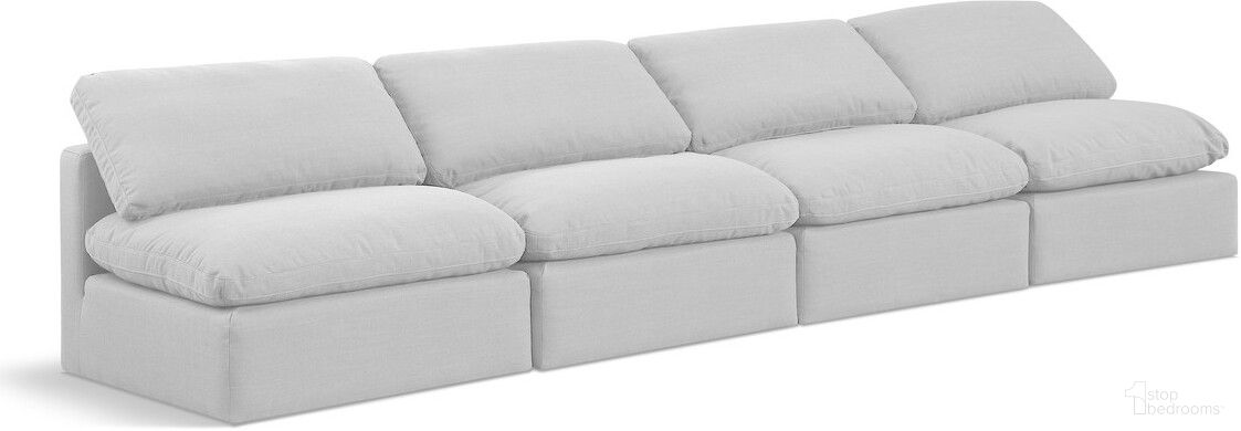 The appearance of Indulge Linen Textured Fabric 4 Piece Modular Sofa In White designed by Meridian in the modern / contemporary interior design. This white piece of furniture was selected by 1StopBedrooms from Indulge Collection to add a touch of cosiness and style into your home. Sku: 141White-Armless;141White-Armless;141White-Armless;141White-Armless. Material: Wood.