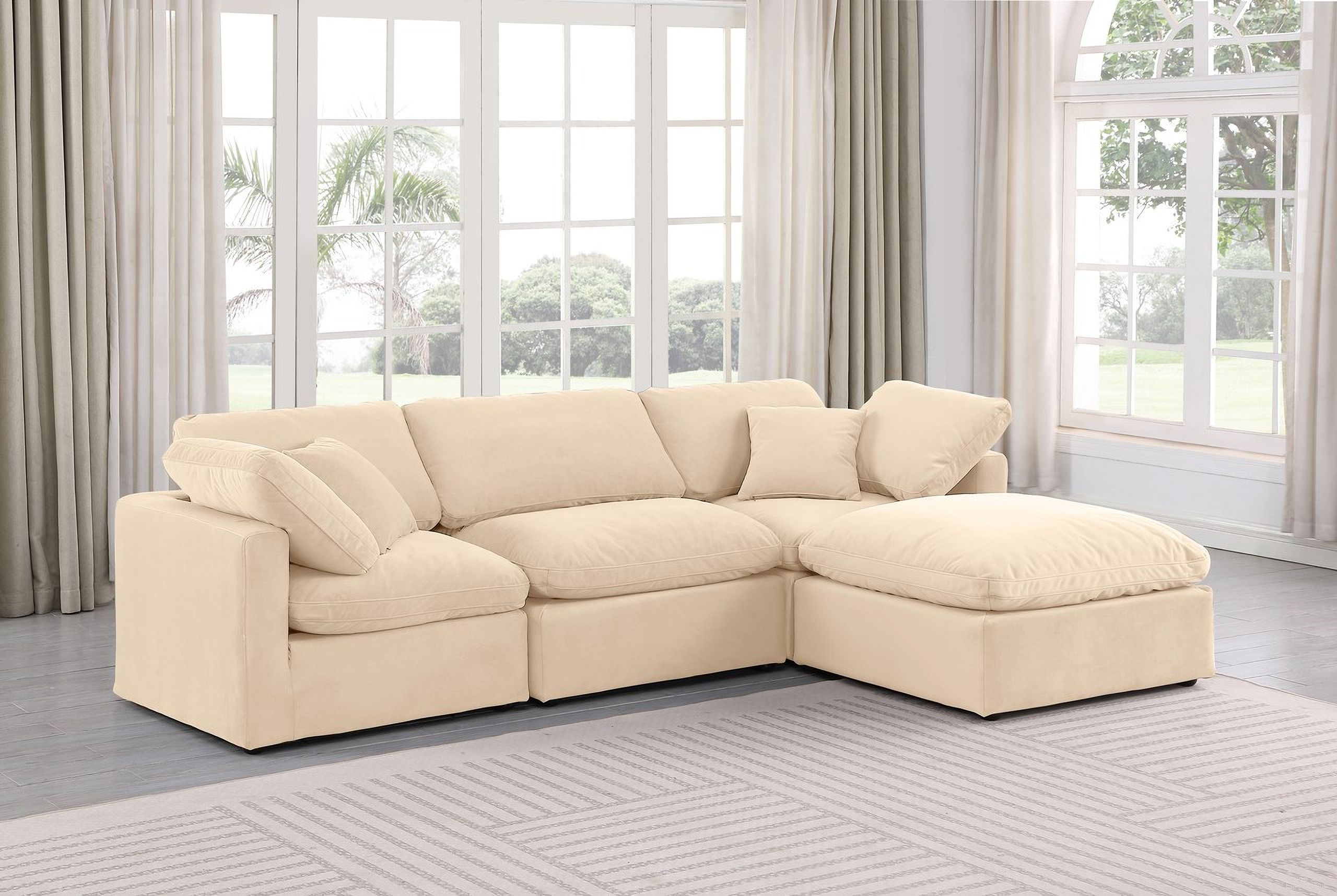 The appearance of Indulge 4 Piece Modular Sectional In Beige Velvet designed by Meridian in the modern / contemporary interior design. This beige velvet piece of furniture was selected by 1StopBedrooms from Indulge Collection to add a touch of cosiness and style into your home. Sku: 147Beige-Armless;147Beige-Corner;147Beige-Corner;147Beige-Ott. Material: Velvet.