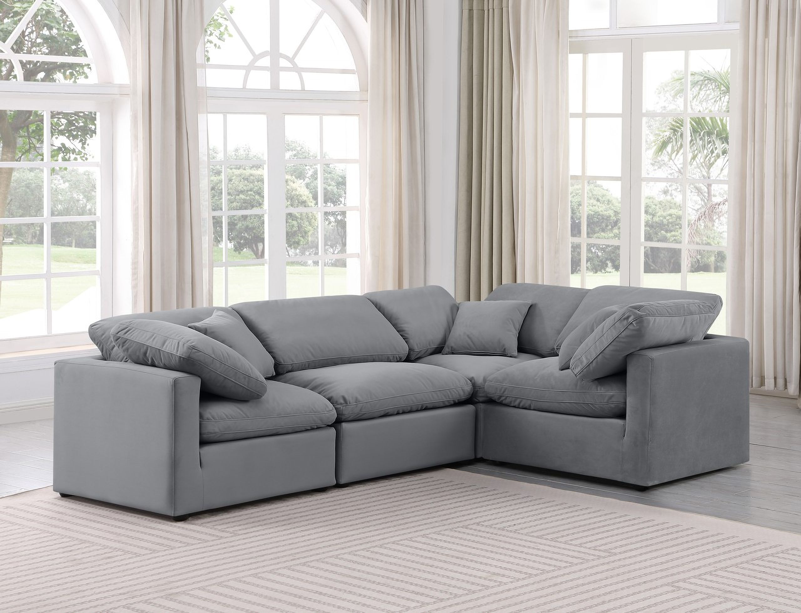 The appearance of Indulge 4 Piece Modular Sectional In Grey Velvet designed by Meridian in the modern / contemporary interior design. This grey velvet piece of furniture  was selected by 1StopBedrooms from Indulge Collection to add a touch of cosiness and style into your home. Sku: 147Grey-Armless;147Grey-Corner;147Grey-Corner;147Grey-Corner. Material: Velvet. Layout: L-Shape.