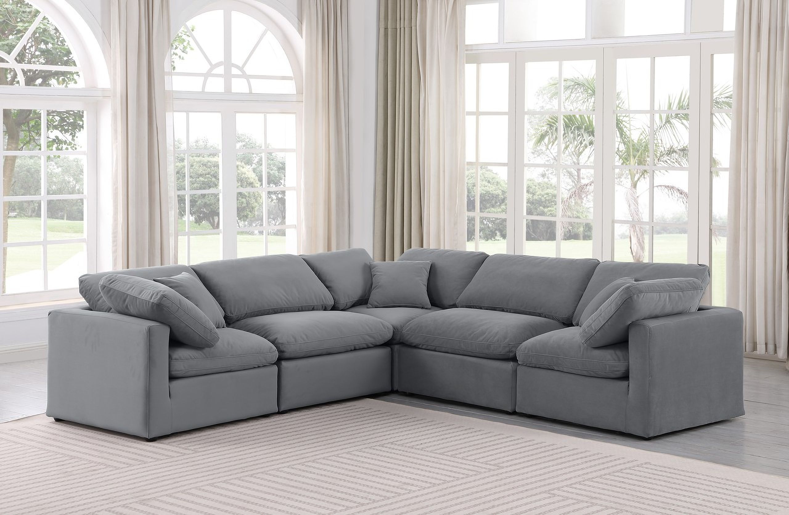 The appearance of Indulge 5 Piece Modular Sectional In Grey Velvet designed by Meridian in the modern / contemporary interior design. This grey velvet piece of furniture  was selected by 1StopBedrooms from Indulge Collection to add a touch of cosiness and style into your home. Sku: 147Grey-Armless;147Grey-Armless;147Grey-Corner;147Grey-Corner;147Grey-Corner. Material: Velvet.