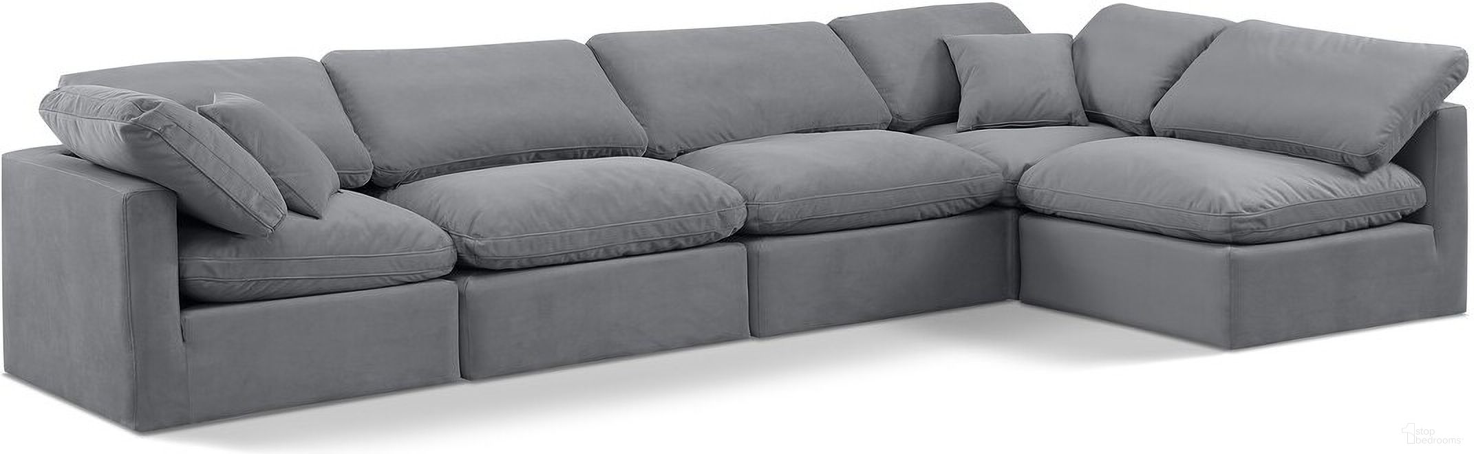 The appearance of Indulge 5 Piece Modular Sectional In Grey Velvet designed by Meridian in the modern / contemporary interior design. This grey velvet piece of furniture  was selected by 1StopBedrooms from Indulge Collection to add a touch of cosiness and style into your home. Sku: 147Grey-Armless;147Grey-Armless;147Grey-Armless;147Grey-Corner;147Grey-Corner. Material: Velvet. Layout: L-Shape.