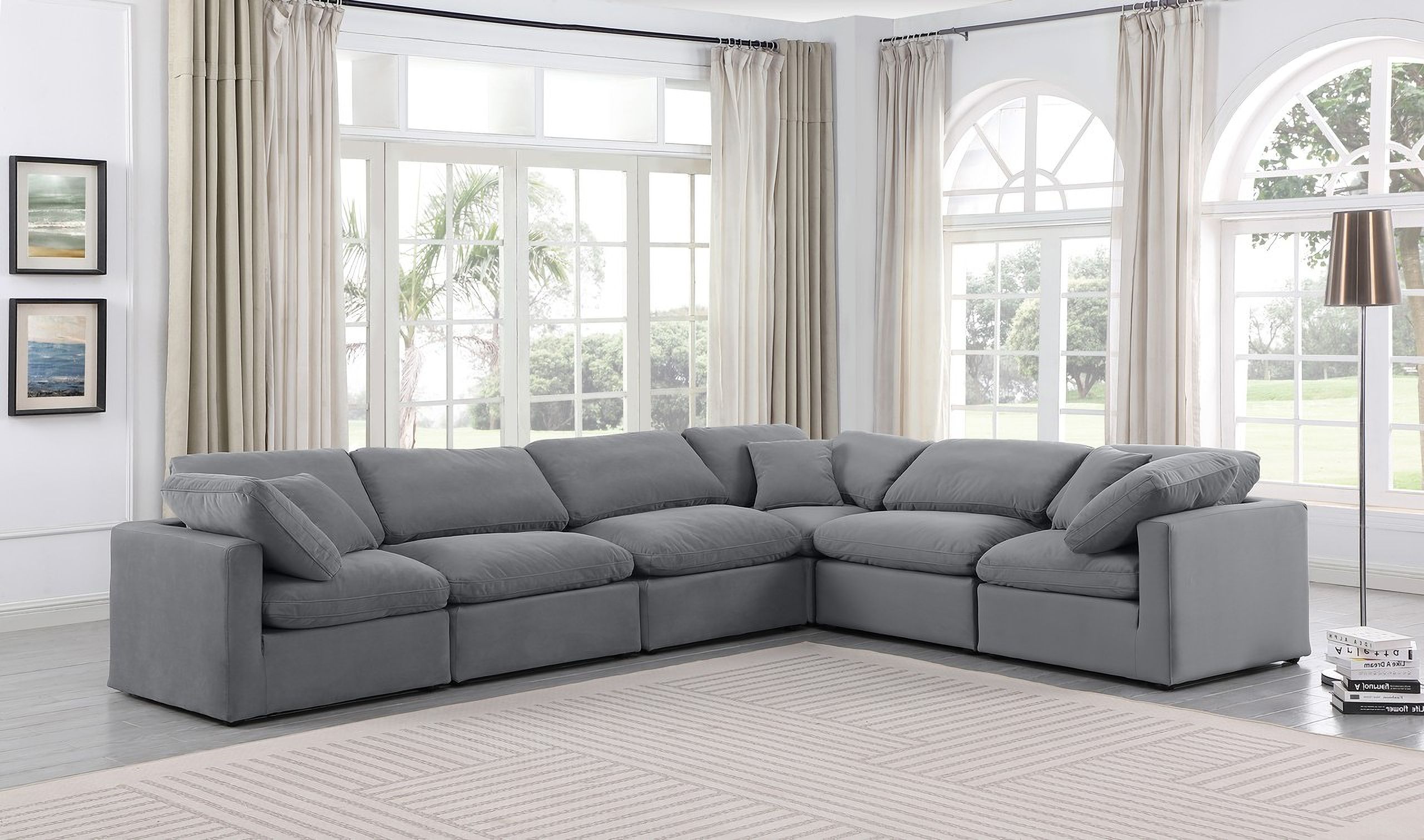 The appearance of Indulge 6 Piece Modular Sectional In Grey Velvet designed by Meridian in the modern / contemporary interior design. This grey velvet piece of furniture  was selected by 1StopBedrooms from Indulge Collection to add a touch of cosiness and style into your home. Sku: 147Grey-Armless;147Grey-Armless;147Grey-Armless;147Grey-Corner;147Grey-Corner;147Grey-Corner. Material: Velvet.