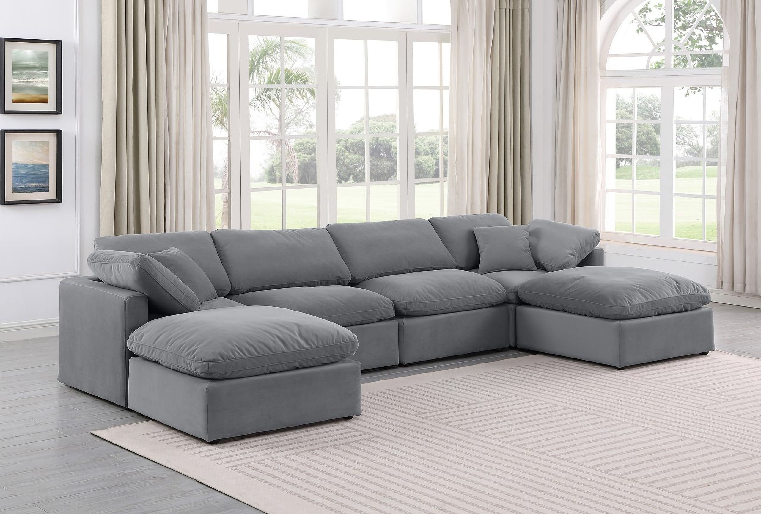 The appearance of Indulge 6 Piece Modular Sectional In Grey Velvet designed by Meridian in the modern / contemporary interior design. This grey velvet piece of furniture  was selected by 1StopBedrooms from Indulge Collection to add a touch of cosiness and style into your home. Sku: 147Grey-Armless;147Grey-Armless;147Grey-Corner;147Grey-Corner;147Grey-Ott;147Grey-Ott. Material: Velvet.