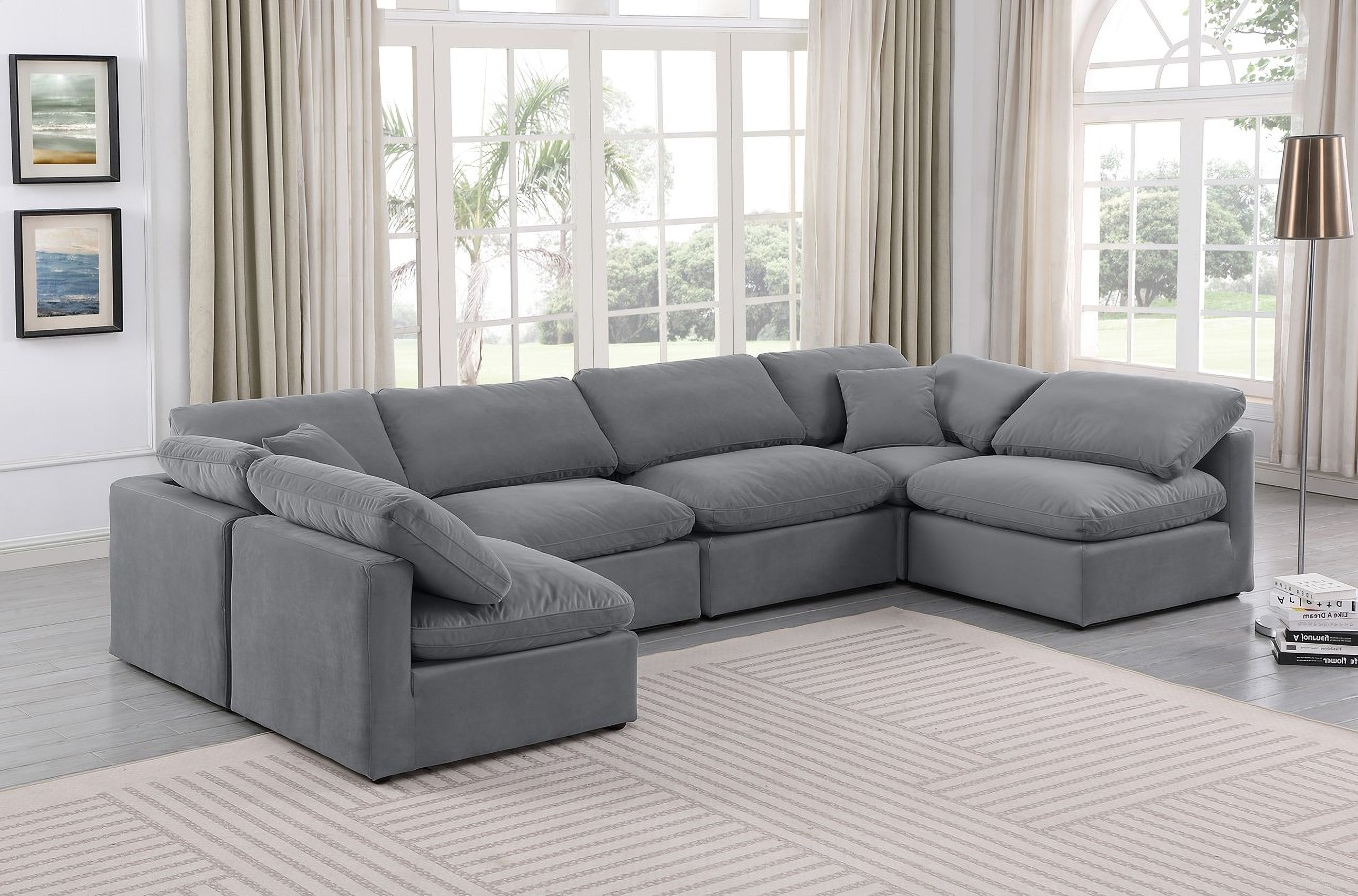 The appearance of Indulge 6 Piece Modular Sectional In Grey Velvet designed by Meridian in the modern / contemporary interior design. This grey velvet piece of furniture  was selected by 1StopBedrooms from Indulge Collection to add a touch of cosiness and style into your home. Sku: 147Grey-Armless;147Grey-Armless;147Grey-Armless;147Grey-Armless;147Grey-Corner;147Grey-Corner. Material: Velvet.