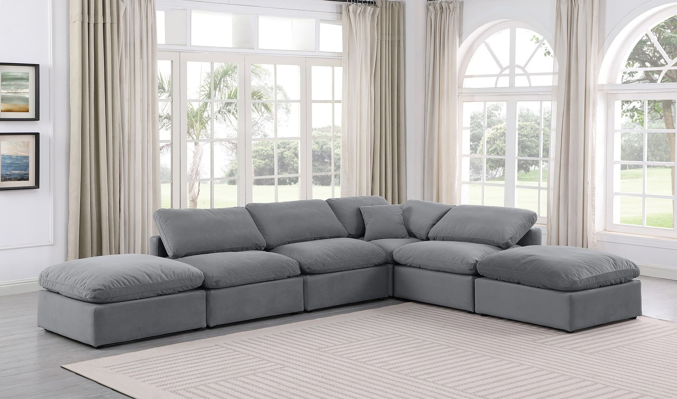 The appearance of Indulge 6 Piece Modular Sectional In Grey Velvet designed by Meridian in the modern / contemporary interior design. This grey velvet piece of furniture  was selected by 1StopBedrooms from Indulge Collection to add a touch of cosiness and style into your home. Sku: 147Grey-Armless;147Grey-Armless;147Grey-Armless;147Grey-Corner;147Grey-Ott;147Grey-Ott. Material: Velvet.