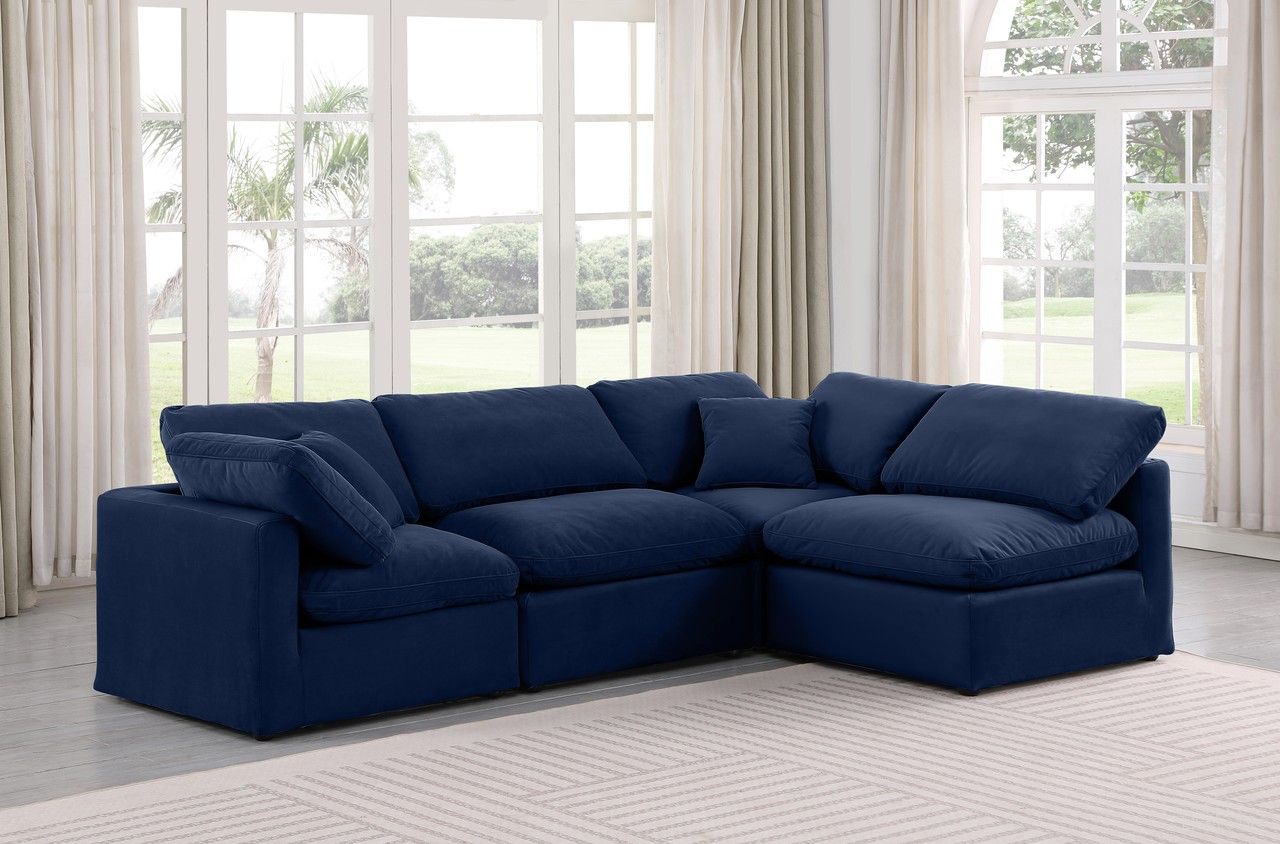 The appearance of Indulge 4 Piece Modular Sectional In Navy Velvet designed by Meridian in the modern / contemporary interior design. This navy velvet piece of furniture was selected by 1StopBedrooms from Indulge Collection to add a touch of cosiness and style into your home. Sku: 147Navy-Armless;147Navy-Armless;147Navy-Corner;147Navy-Corner. Material: Velvet. Layout: L-Shape.
