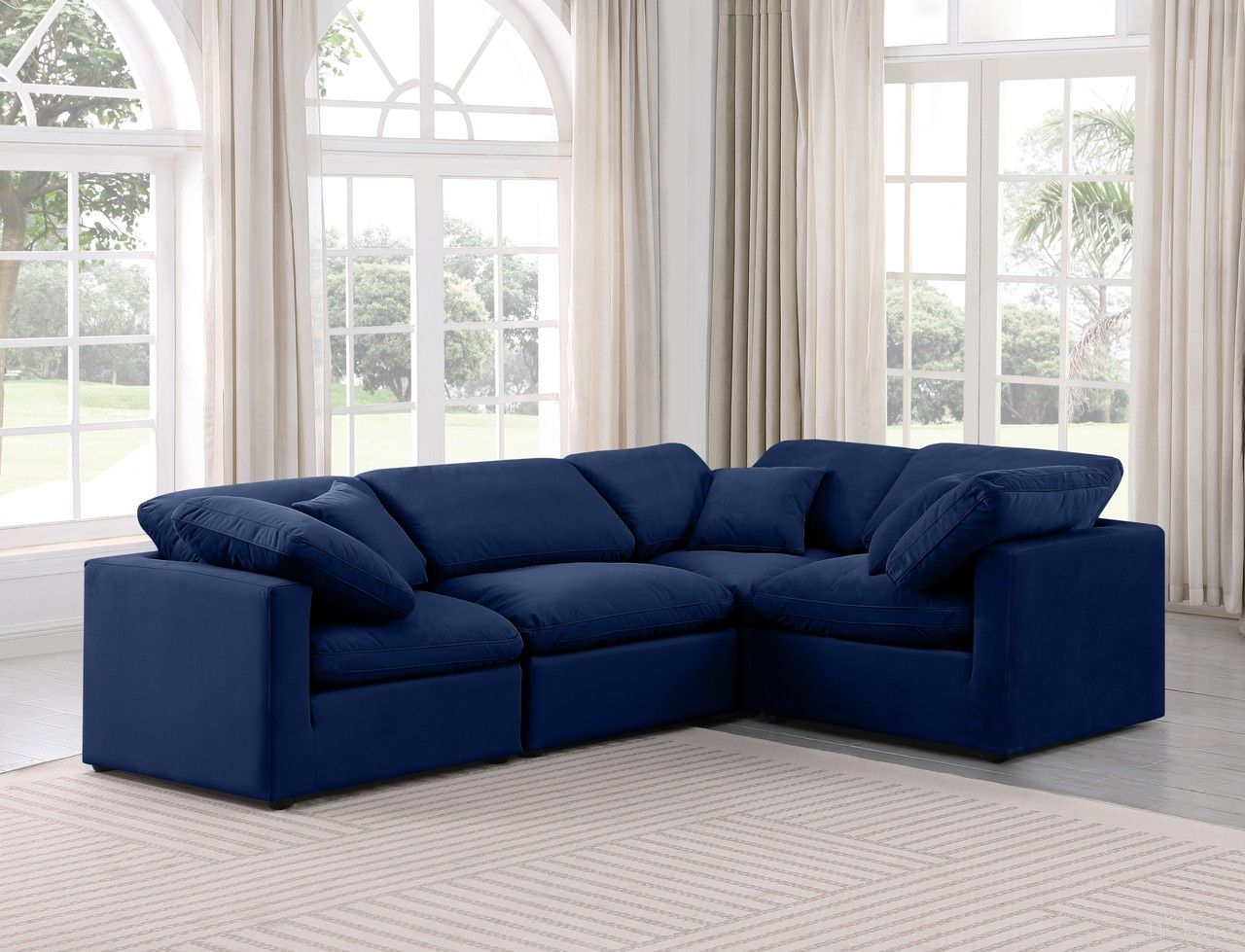 The appearance of Indulge 4 Piece Modular Sectional In Navy Velvet designed by Meridian in the modern / contemporary interior design. This navy velvet piece of furniture was selected by 1StopBedrooms from Indulge Collection to add a touch of cosiness and style into your home. Sku: 147Navy-Armless;147Navy-Corner;147Navy-Corner;147Navy-Corner. Material: Velvet. Layout: L-Shape.