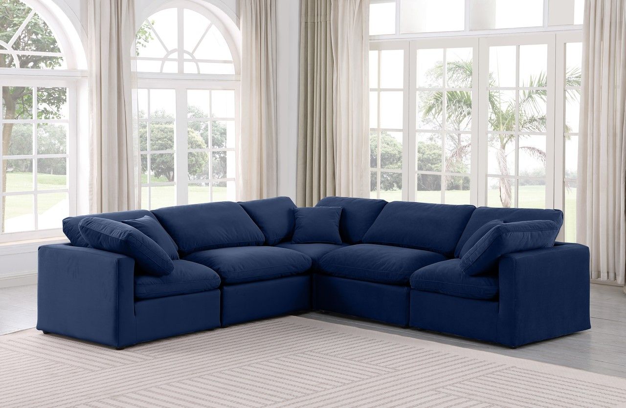 The appearance of Indulge 5 Piece Modular Sectional In Navy Velvet designed by Meridian in the modern / contemporary interior design. This navy velvet piece of furniture was selected by 1StopBedrooms from Indulge Collection to add a touch of cosiness and style into your home. Sku: 147Navy-Armless;147Navy-Armless;147Navy-Corner;147Navy-Corner;147Navy-Corner. Material: Velvet.