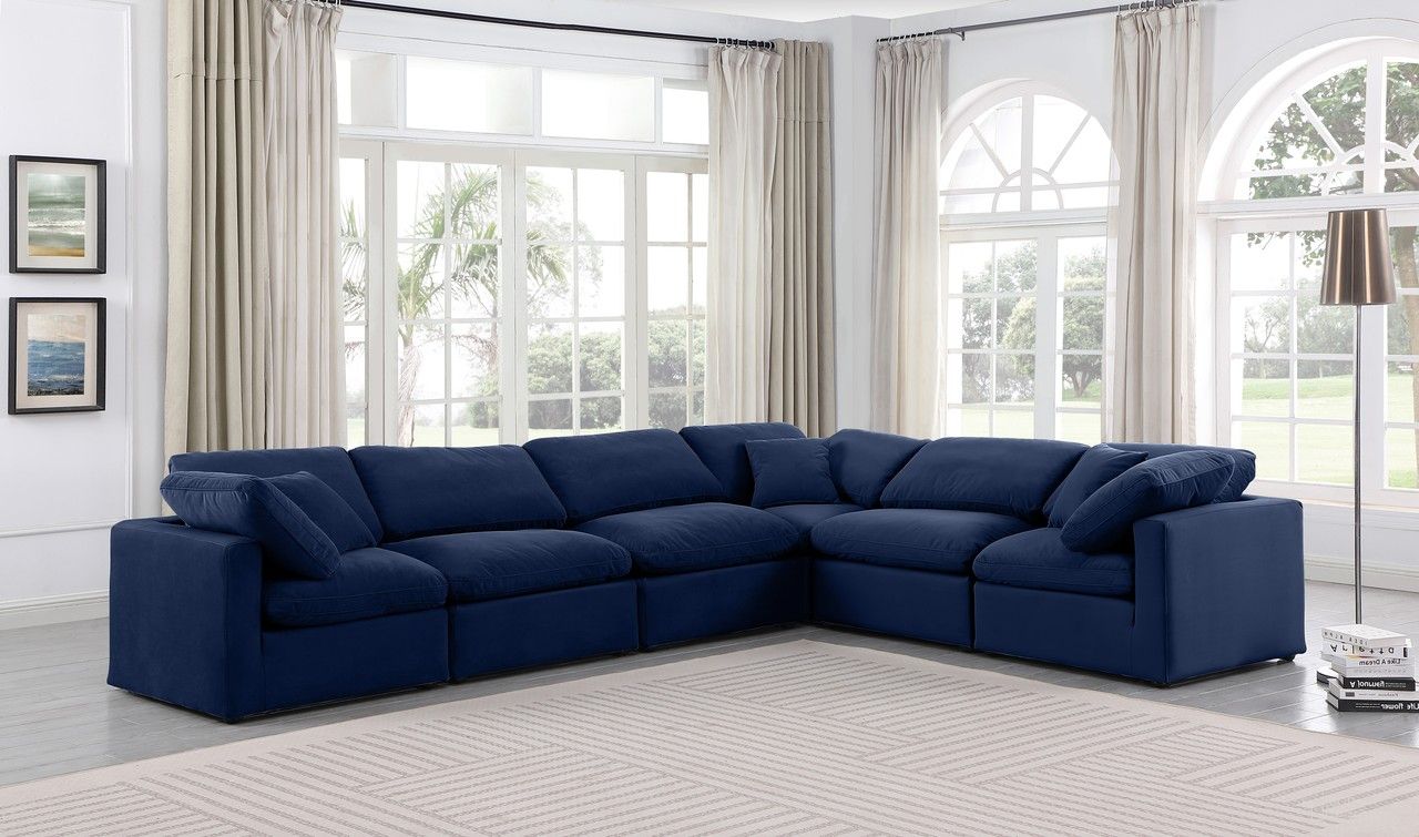 The appearance of Indulge 6 Piece Modular Sectional In Navy Velvet designed by Meridian in the modern / contemporary interior design. This navy velvet piece of furniture was selected by 1StopBedrooms from Indulge Collection to add a touch of cosiness and style into your home. Sku: 147Navy-Armless;147Navy-Armless;147Navy-Armless;147Navy-Corner;147Navy-Corner;147Navy-Corner. Material: Velvet.