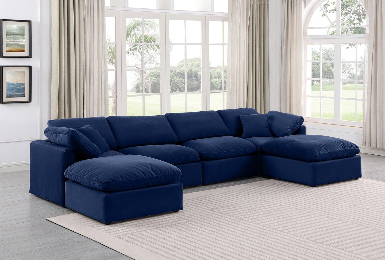 The appearance of Indulge 6 Piece Modular Sectional In Navy Velvet designed by Meridian in the modern / contemporary interior design. This navy velvet piece of furniture was selected by 1StopBedrooms from Indulge Collection to add a touch of cosiness and style into your home. Sku: 147Navy-Armless;147Navy-Armless;147Navy-Corner;147Navy-Corner;147Navy-Ott;147Navy-Ott. Material: Velvet.