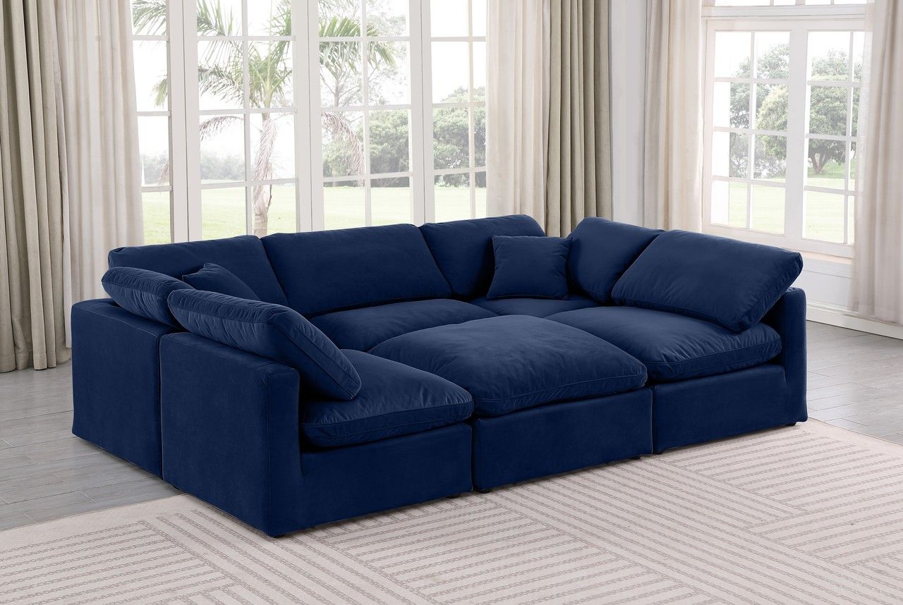 The appearance of Indulge 6 Piece Modular Sectional In Navy Velvet designed by Meridian in the modern / contemporary interior design. This navy velvet piece of furniture  was selected by 1StopBedrooms from Indulge Collection to add a touch of cosiness and style into your home. Sku: 147Navy-Armless;147Navy-Armless;147Navy-Armless;147Navy-Corner;147Navy-Corner;147Navy-Ott. Material: Velvet.