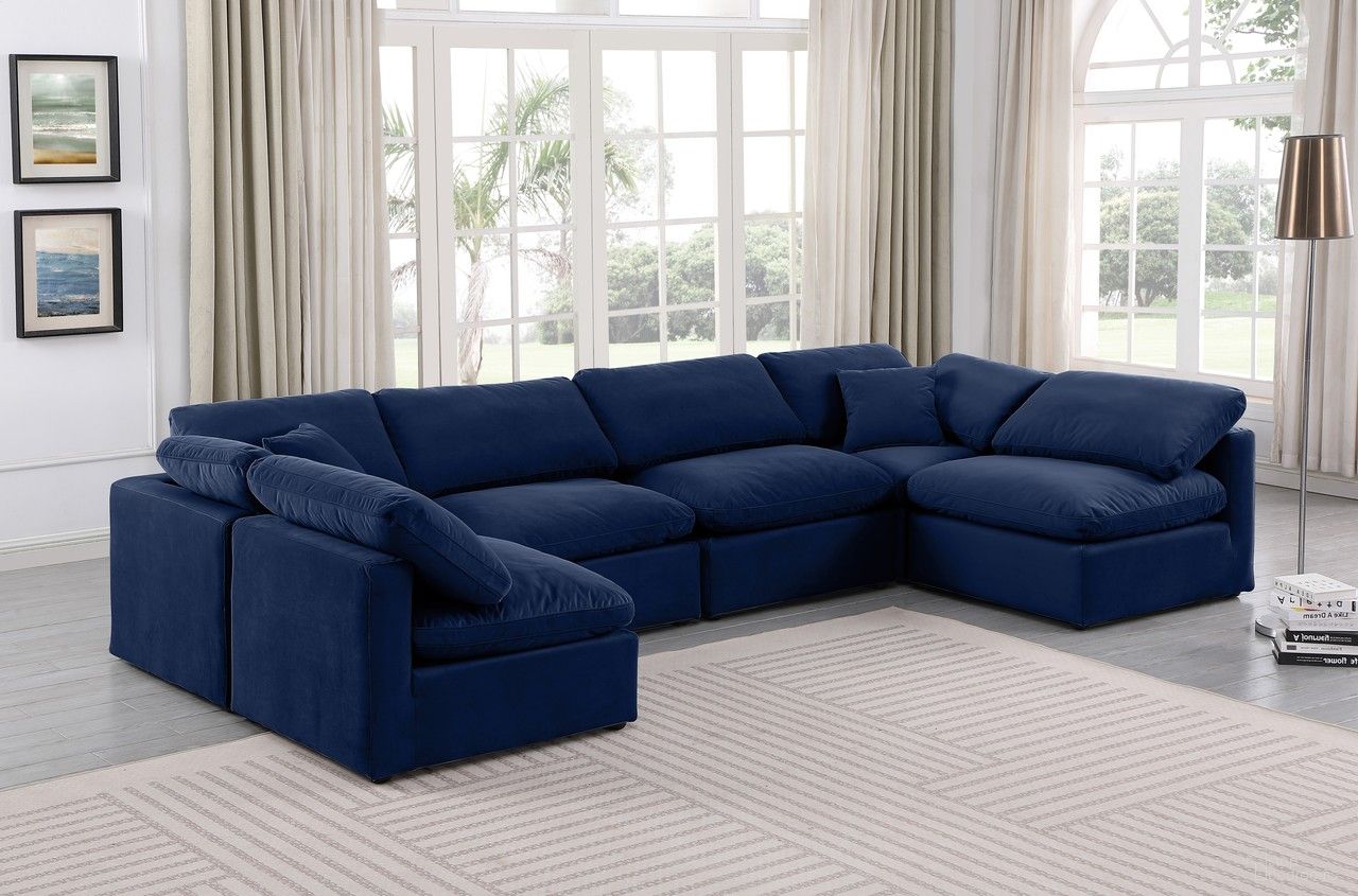 The appearance of Indulge 6 Piece Modular Sectional In Navy Velvet designed by Meridian in the modern / contemporary interior design. This navy velvet piece of furniture  was selected by 1StopBedrooms from Indulge Collection to add a touch of cosiness and style into your home. Sku: 147Navy-Armless;147Navy-Armless;147Navy-Armless;147Navy-Armless;147Navy-Corner;147Navy-Corner. Material: Velvet.